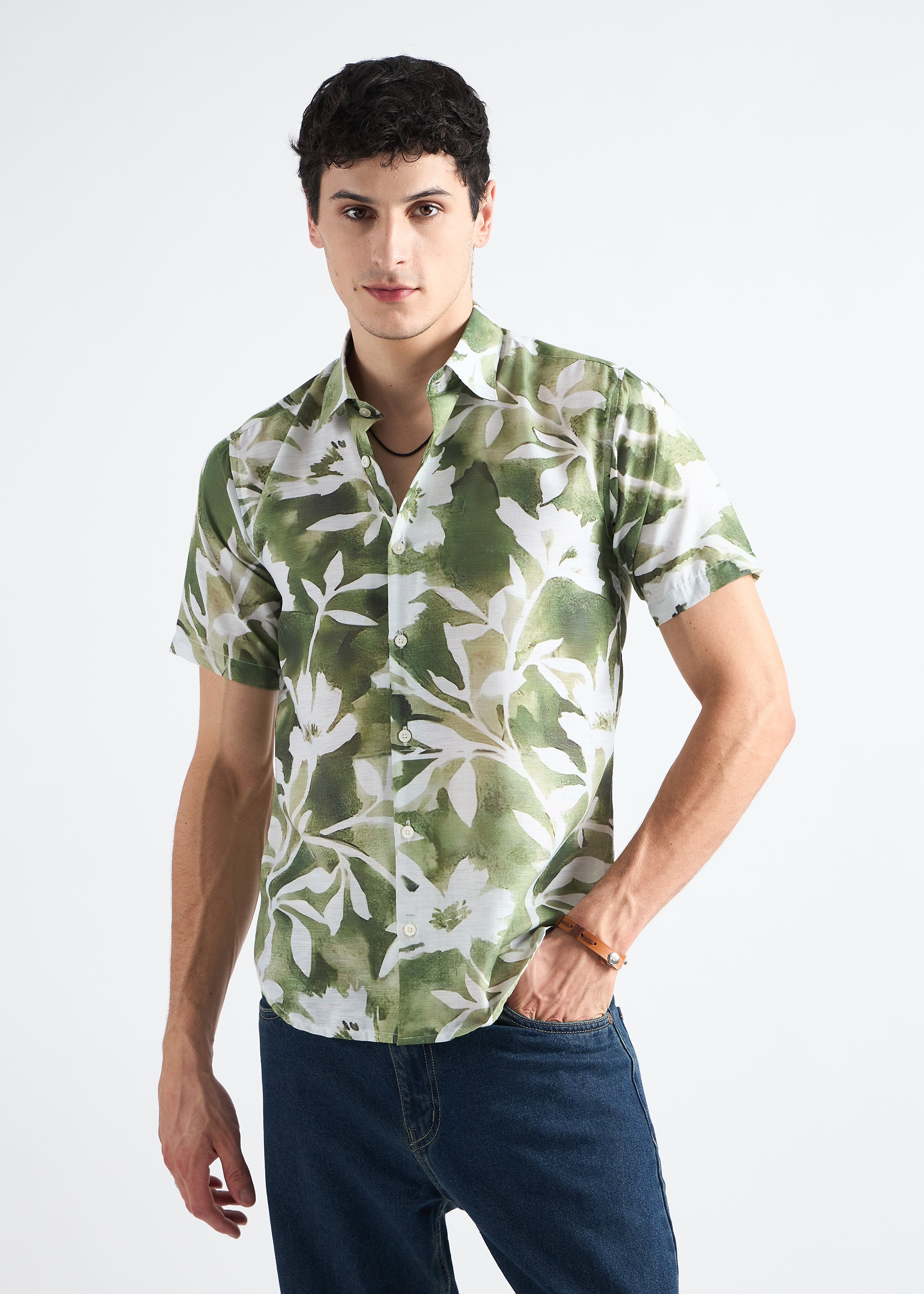 Leafy green Printed Linen Blend Shirt