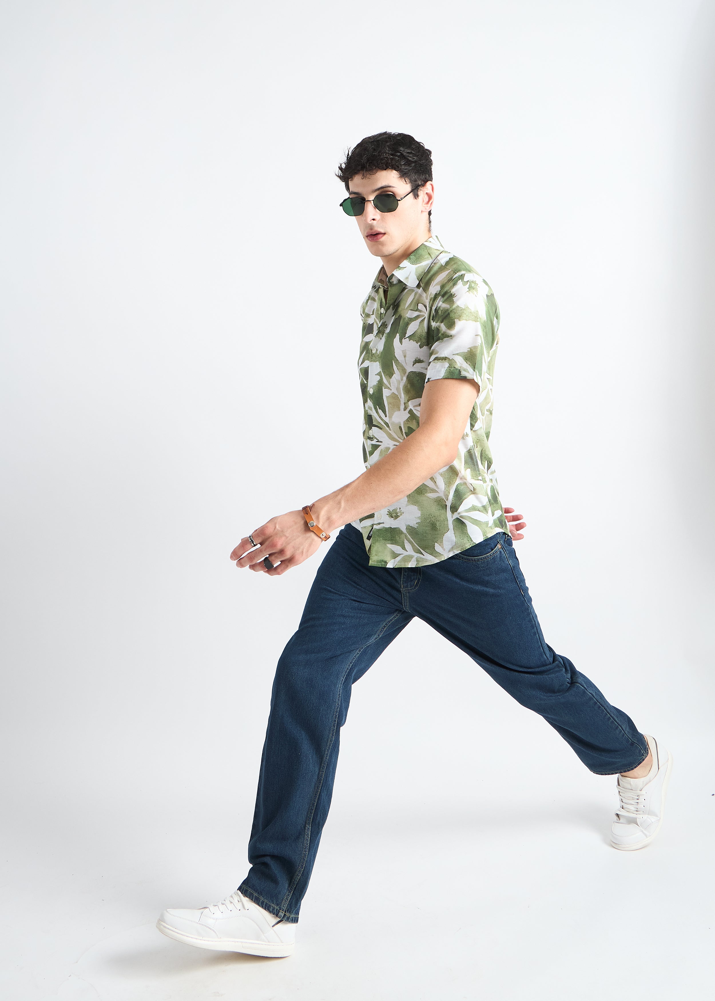 Leafy green Printed Linen Blend Shirt