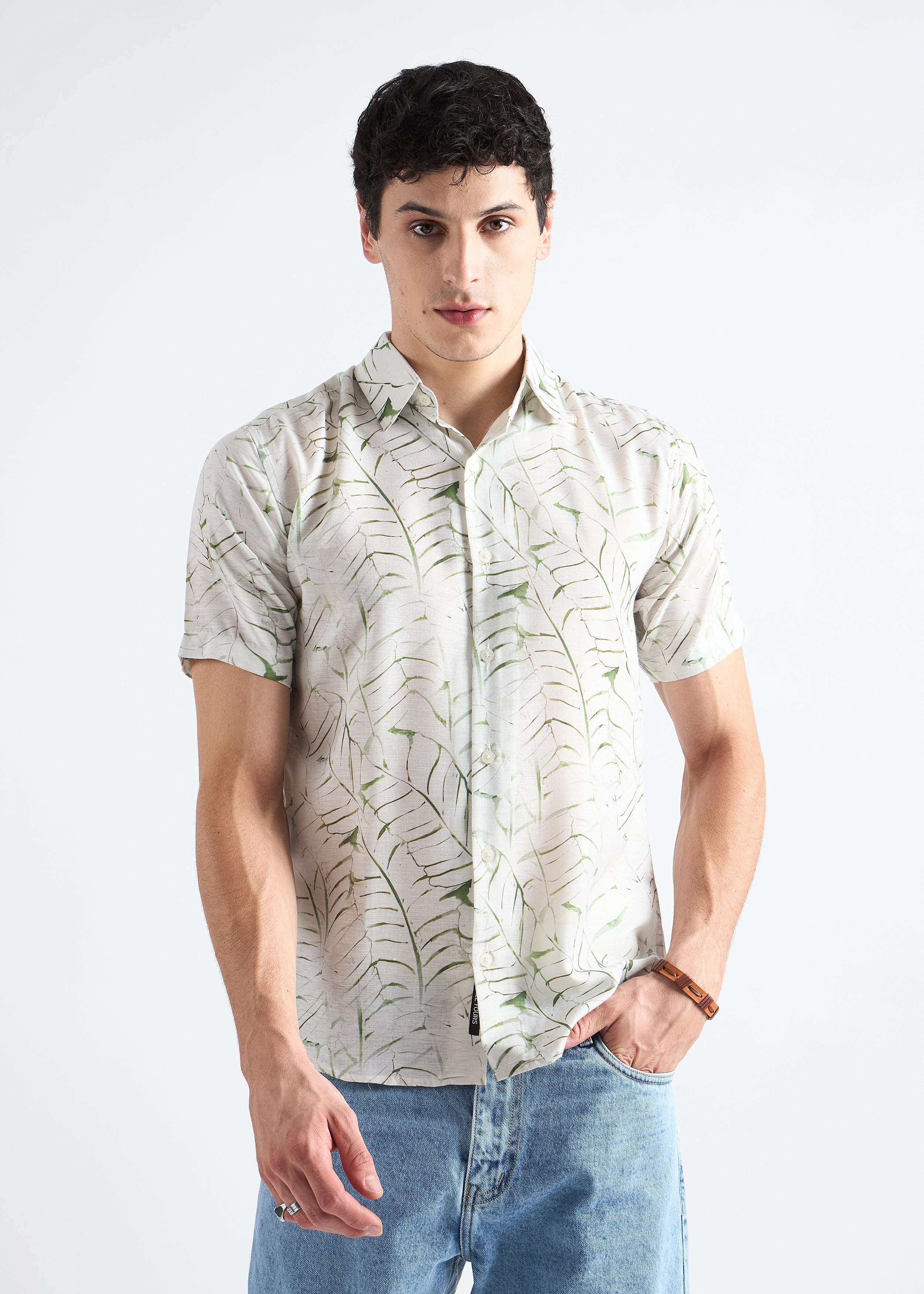 Creamy hue Printed Linen Blend Resort Shirt