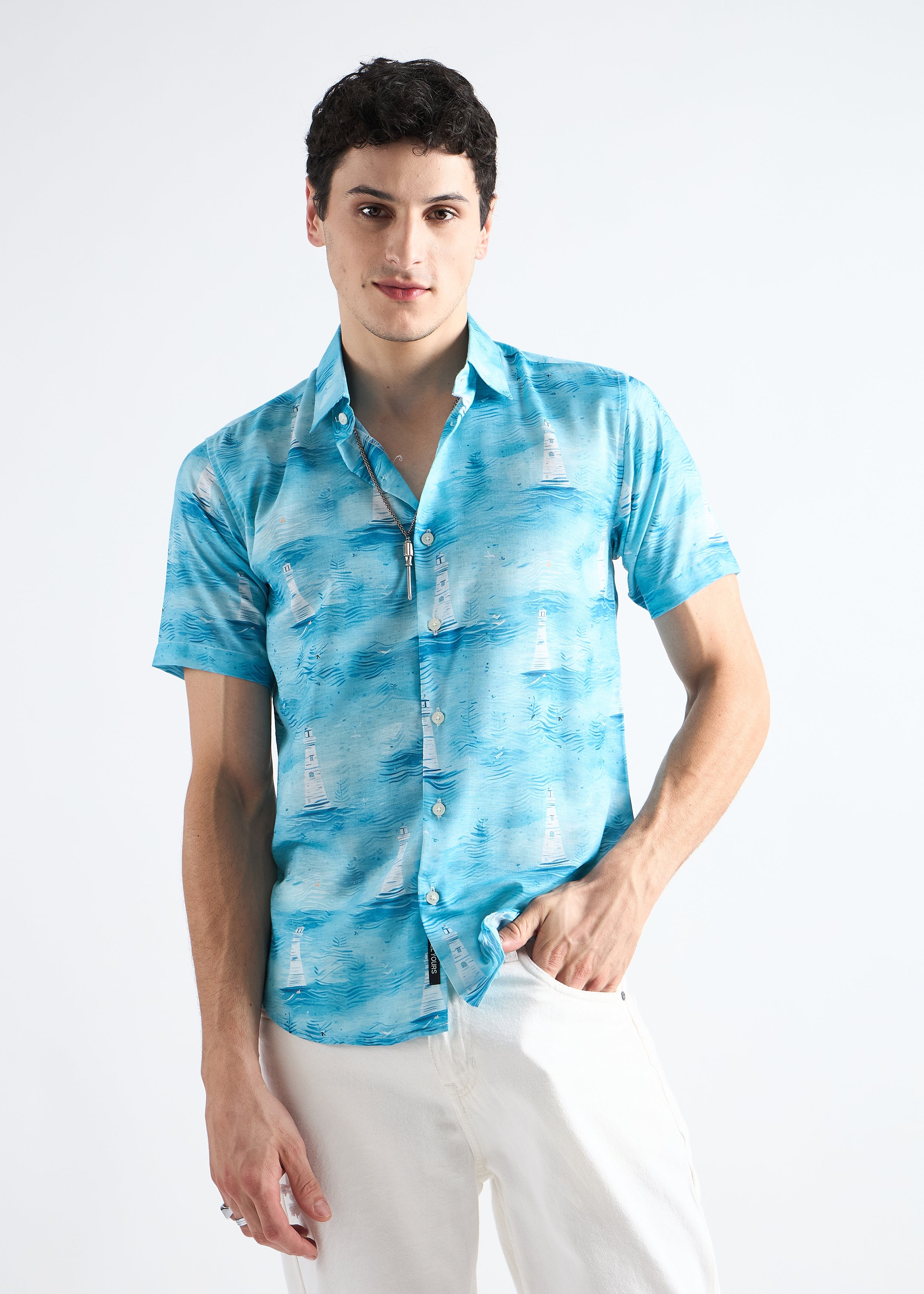 Ocean blue Nautical Linen Blend Shirt