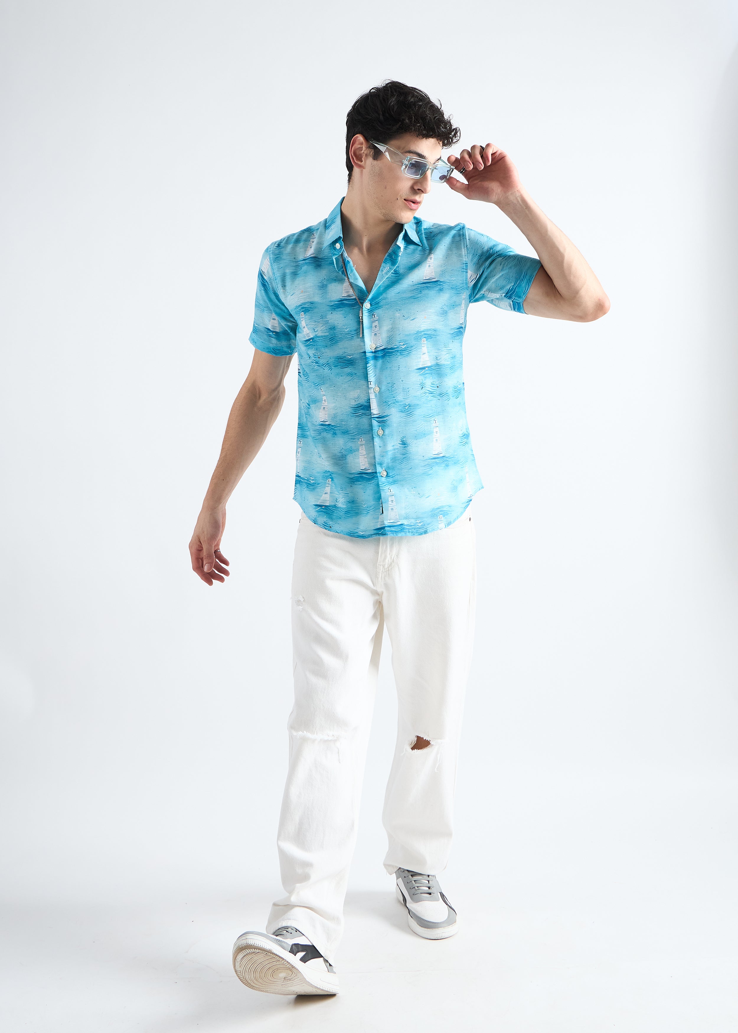 Ocean blue Nautical Linen Blend Shirt