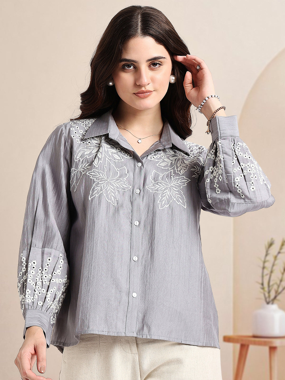 Grey Floral Embroidered Shirt