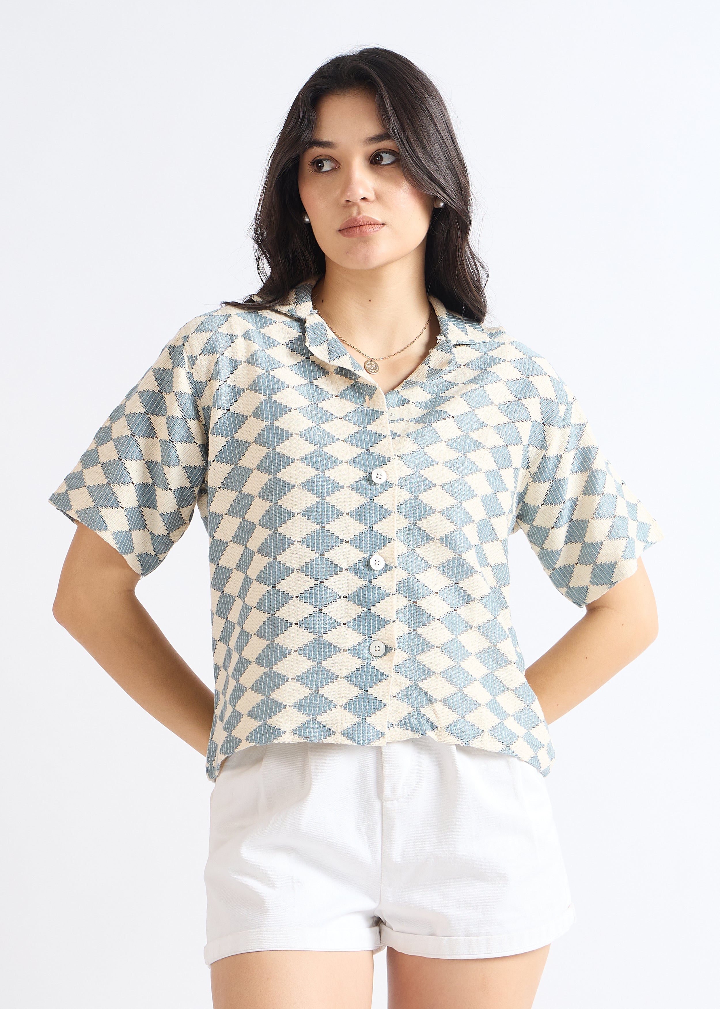 Cyan Blue Crochet Cuban Shirt