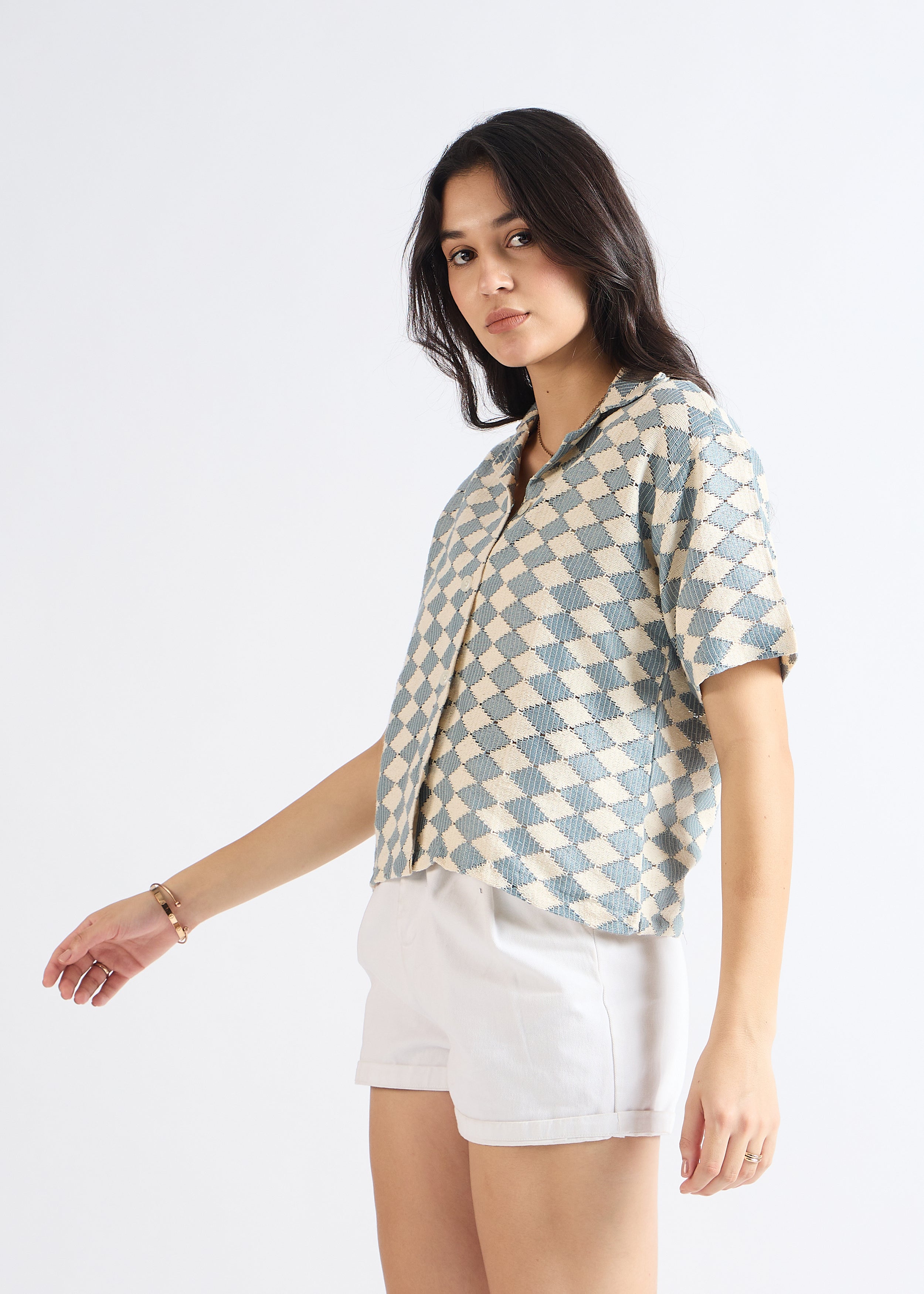 Cyan Blue Crochet Cuban Shirt