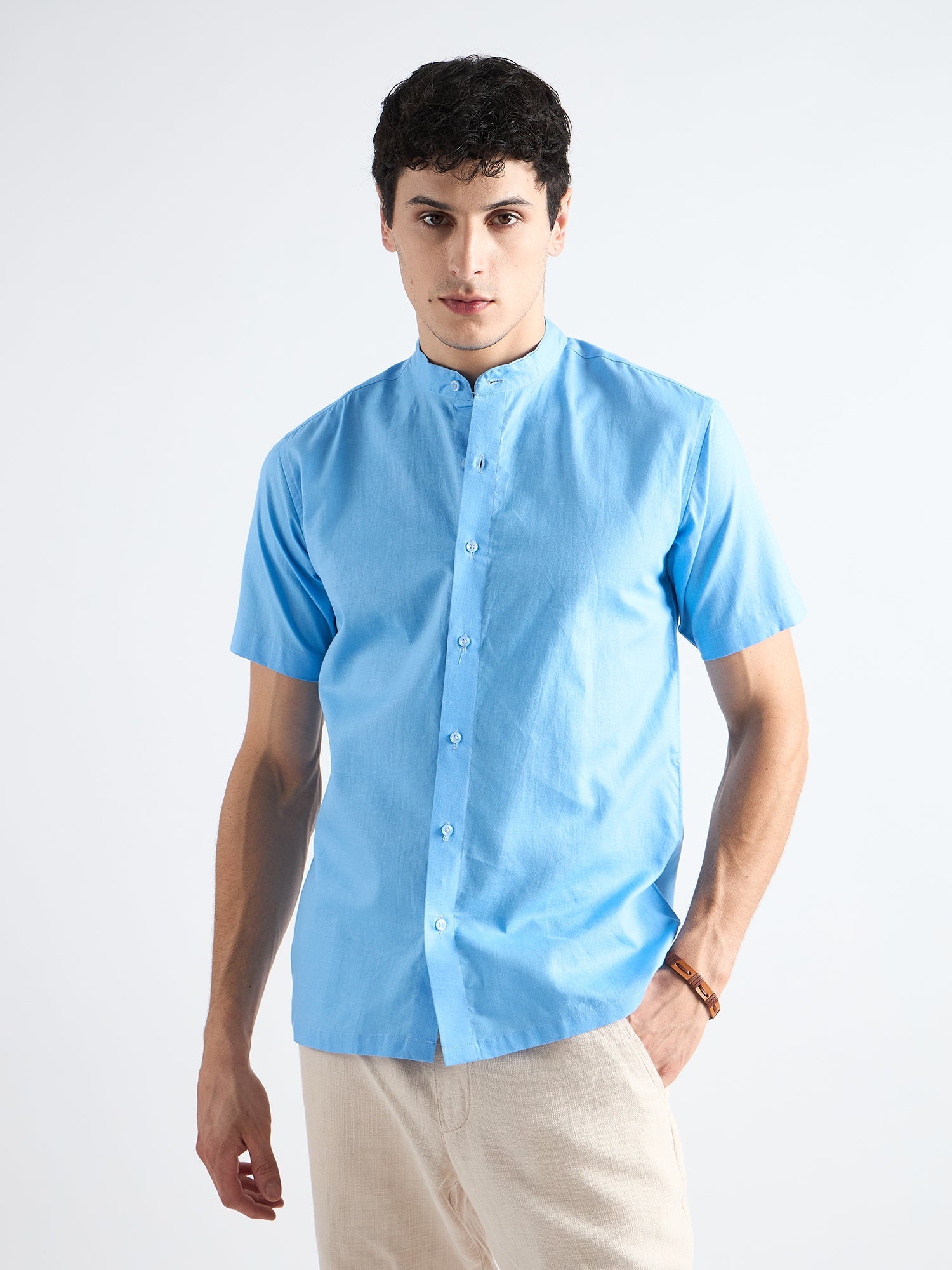 Heaven Blue  Mandarin Collar Linen Shirt