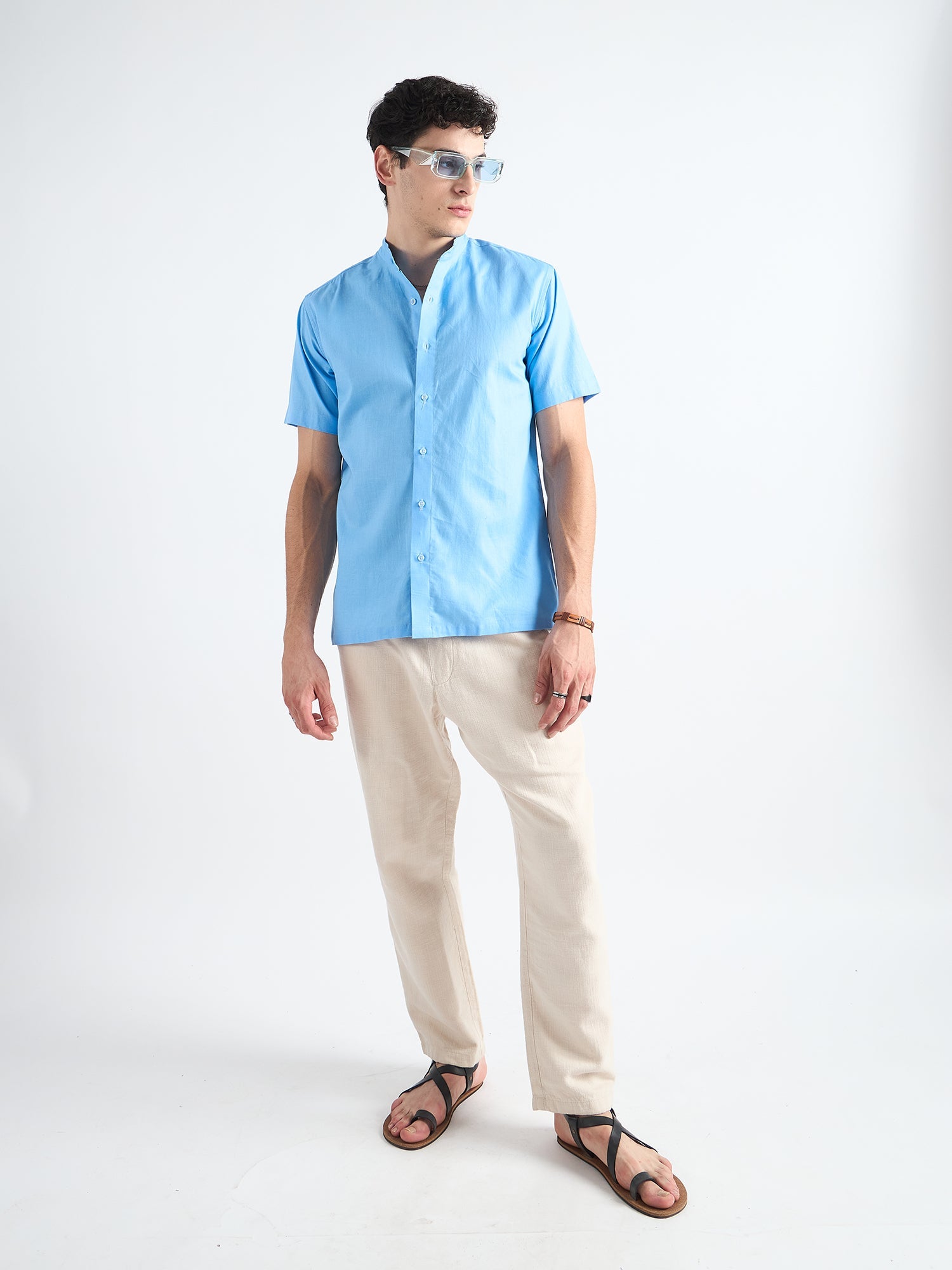 Heaven Blue  Mandarin Collar Linen Shirt