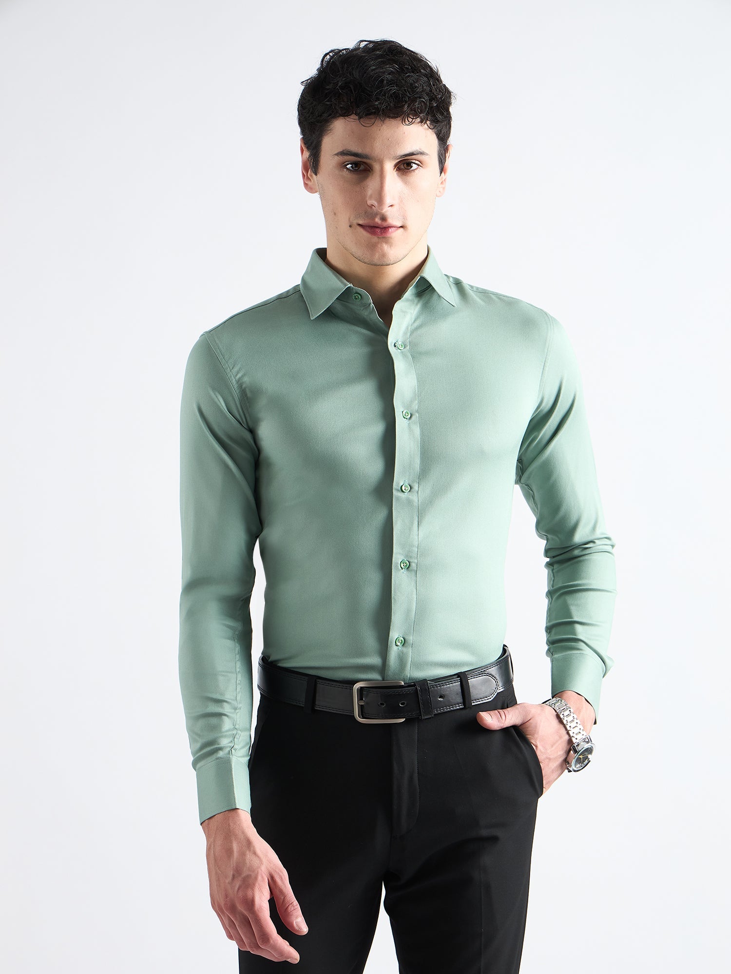 Viridian Green  Twill Stretch Cotton Shirt