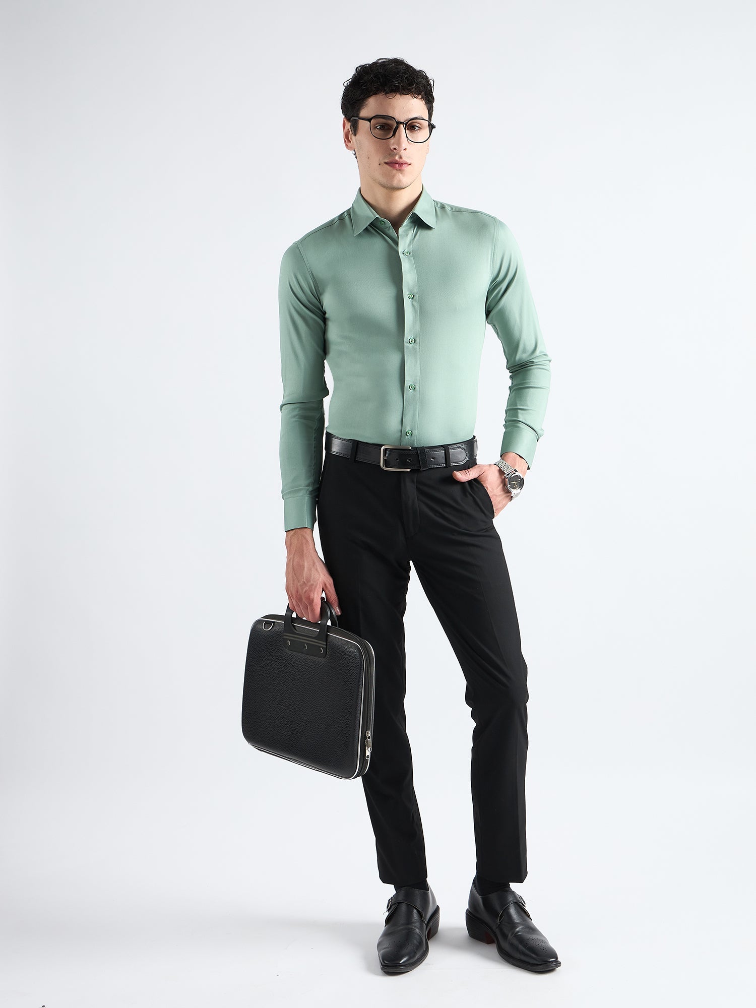 Viridian Green  Twill Stretch Cotton Shirt