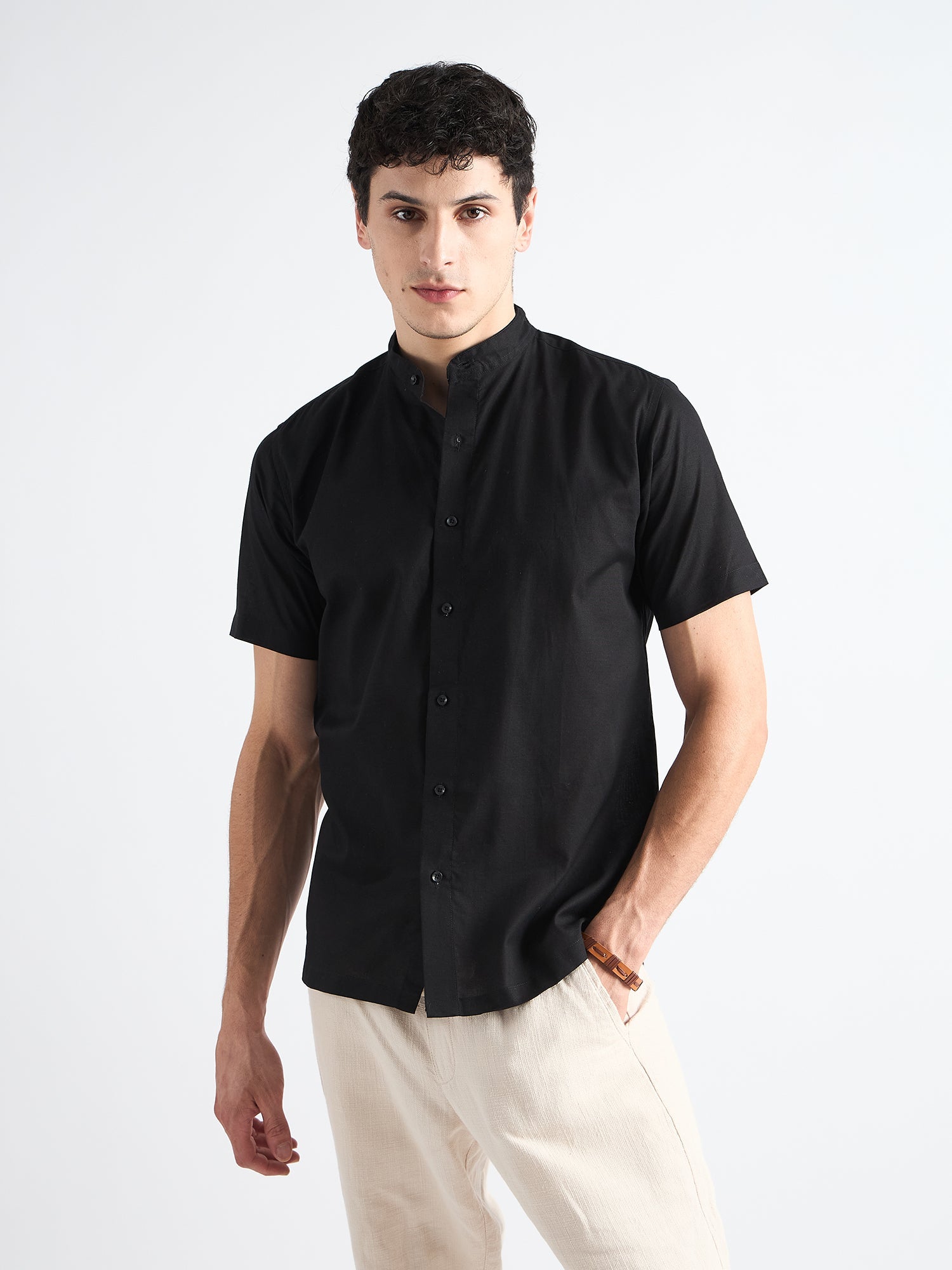 Obsidian black  Mandarin Collar Linen Shirt