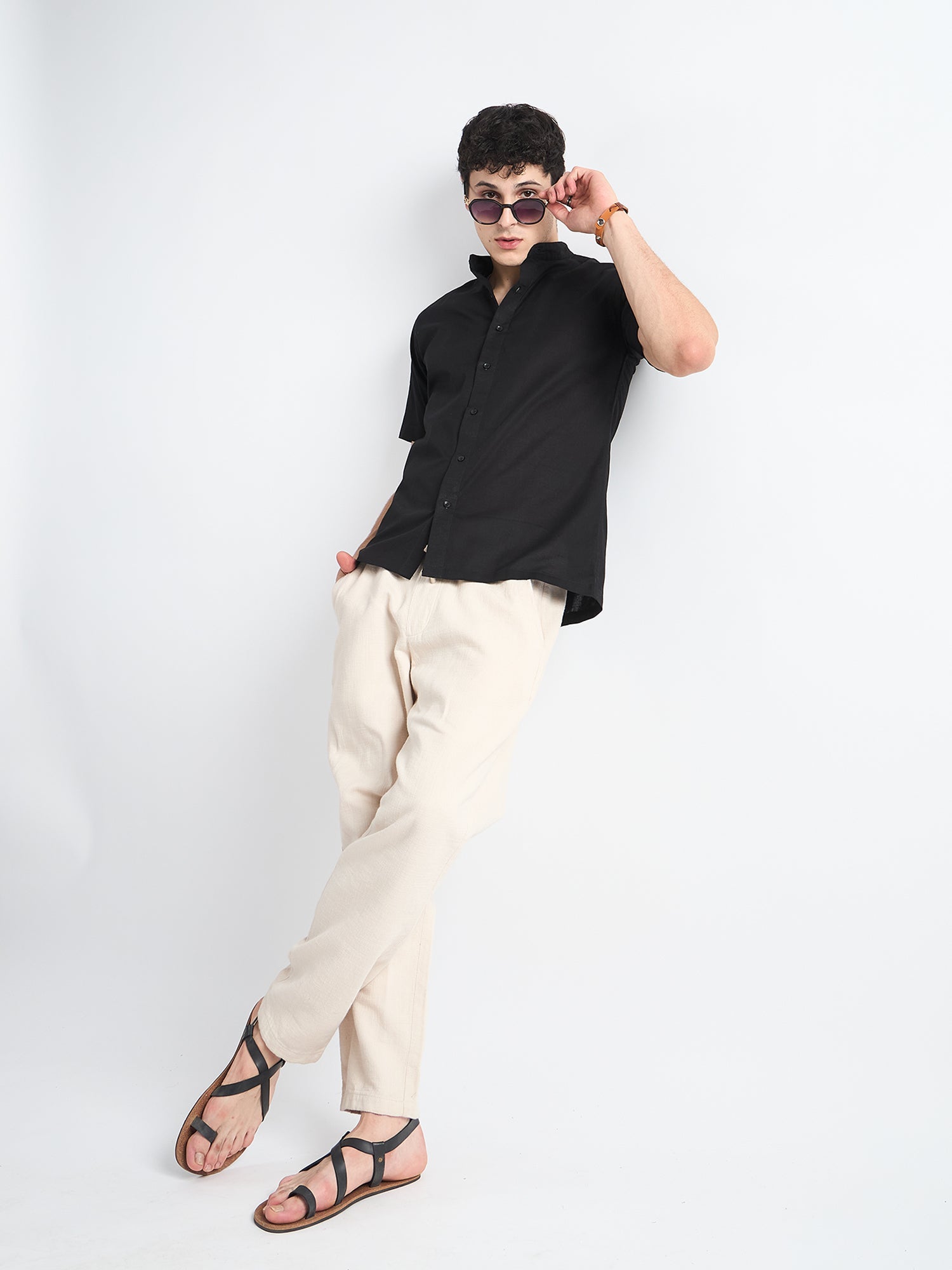 Obsidian black  Mandarin Collar Linen Shirt