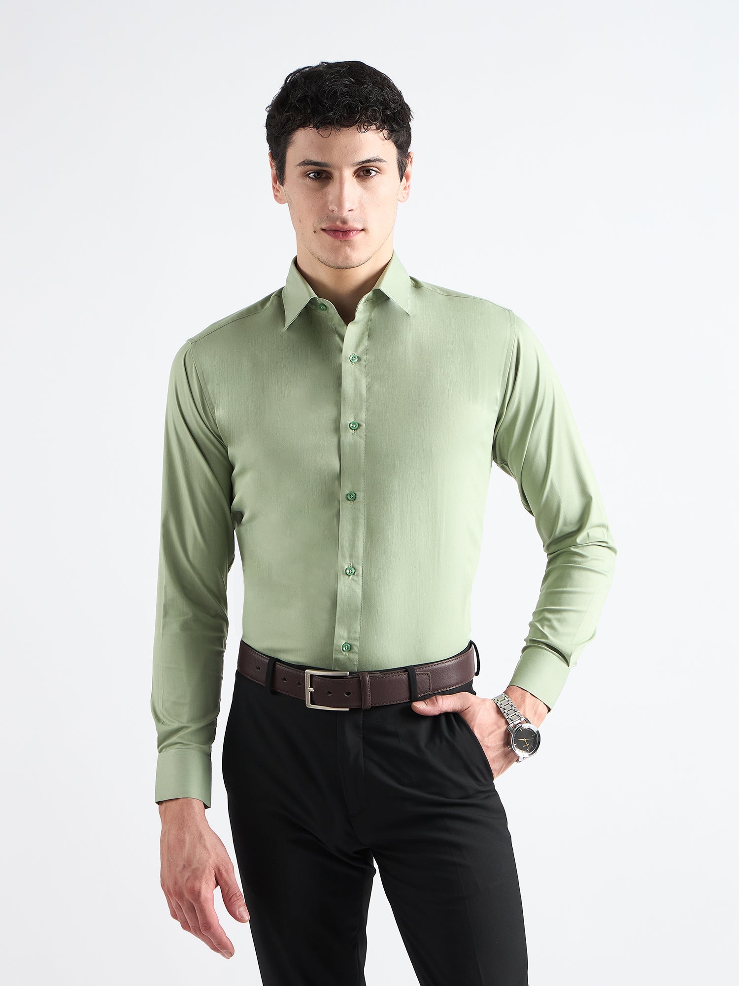 Celadon green Plain Stretch Cotton Shirt