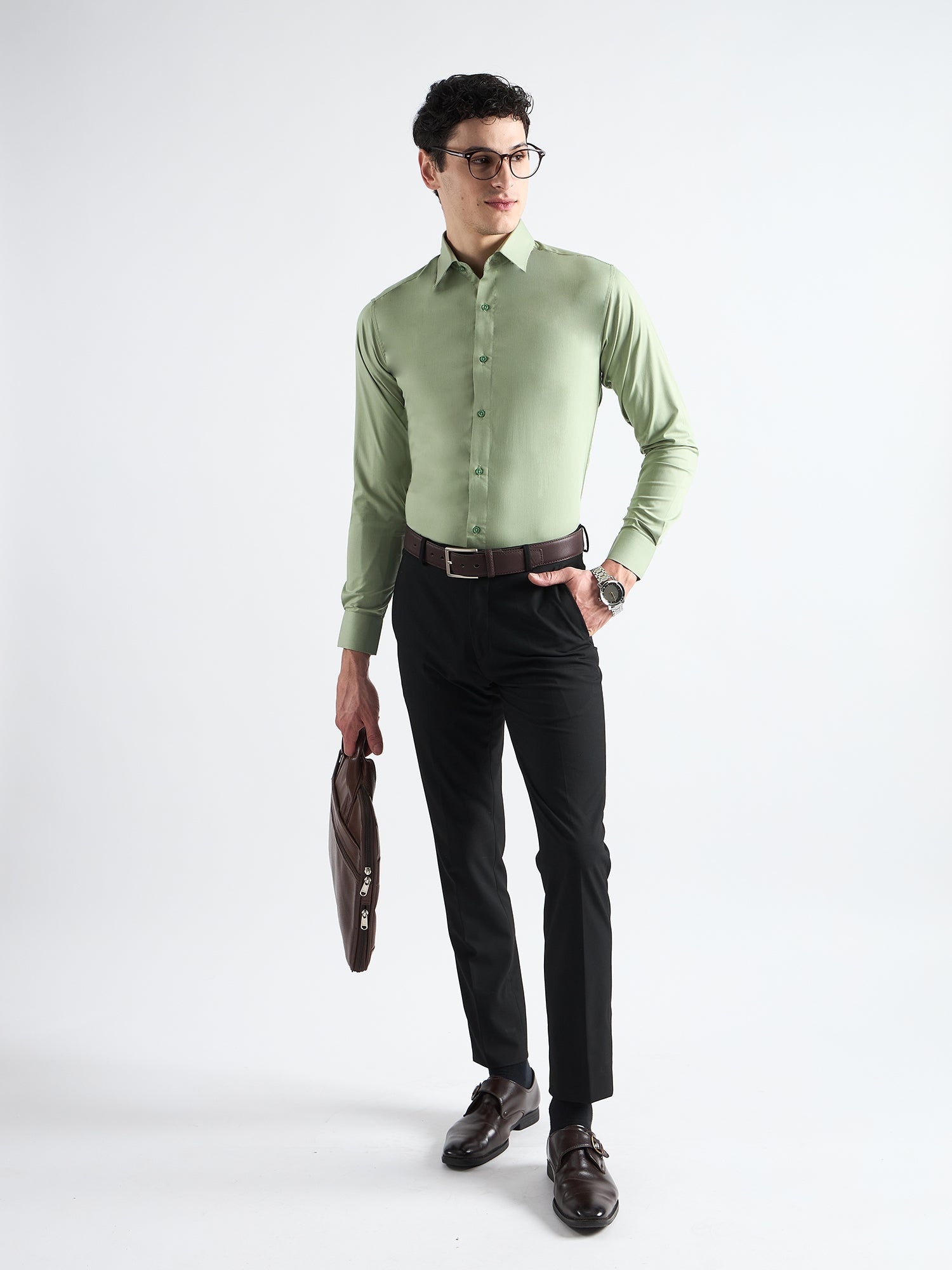 Celadon green Plain Stretch Cotton Shirt