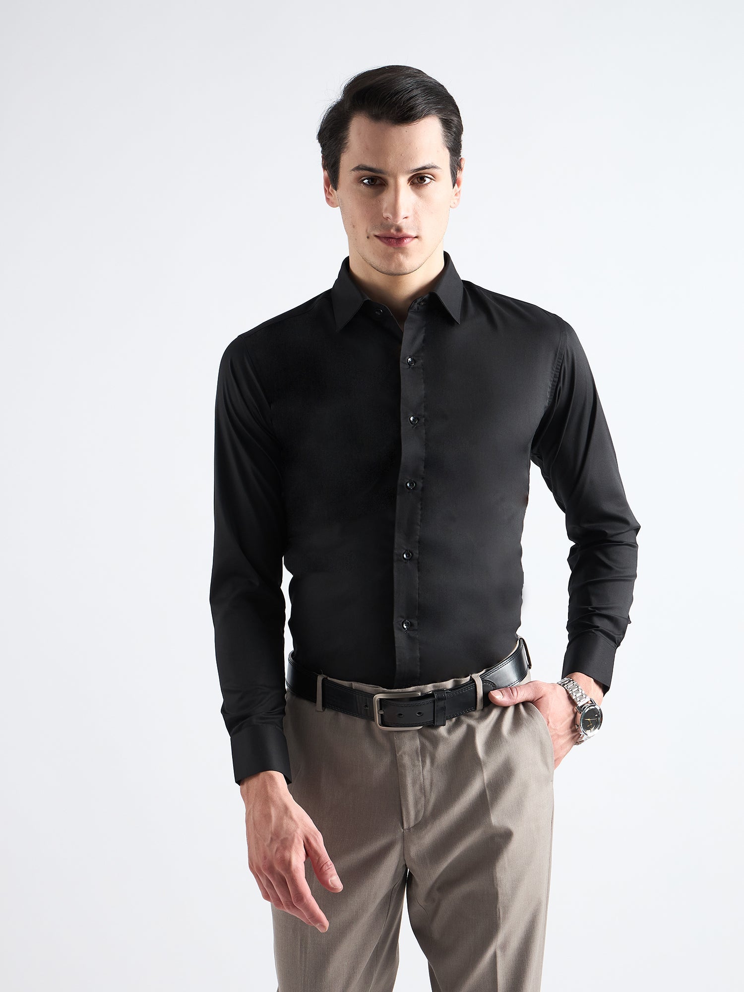 Carbon Black Plain Stretch Cotton Shirt