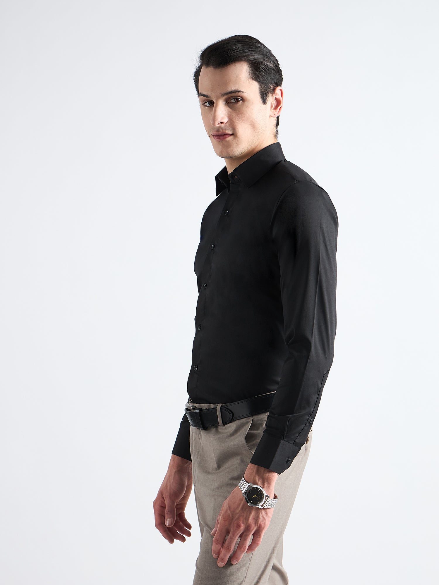 Carbon Black Plain Stretch Cotton Shirt