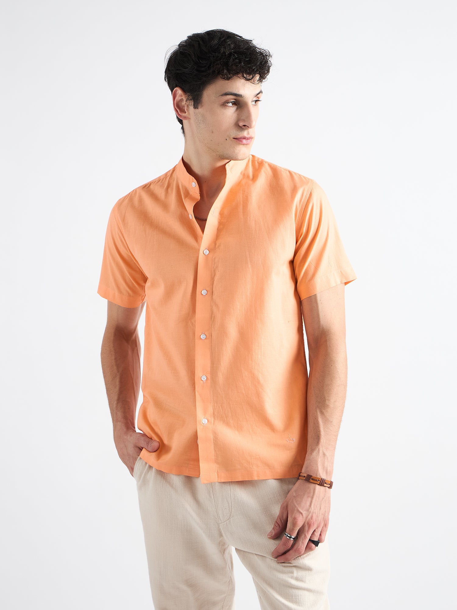 Indian Orange  Mandarin Collar Linen Shirt