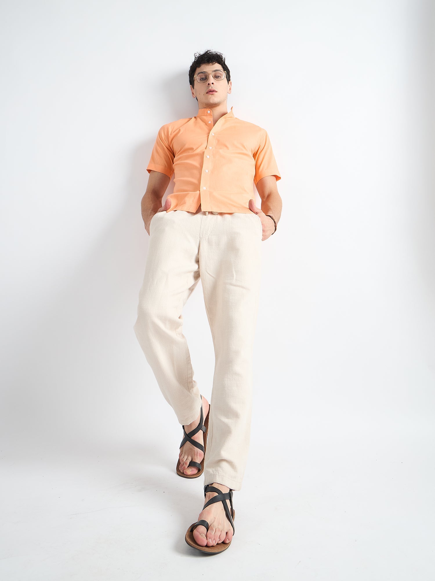 Indian Orange  Mandarin Collar Linen Shirt