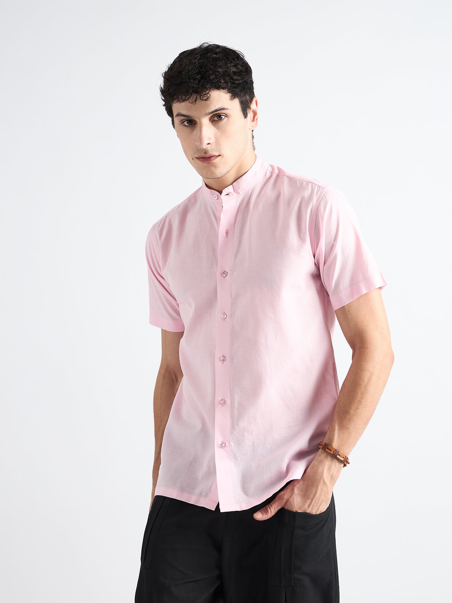 Light Pink  Mandarin Collar Linen Shirt