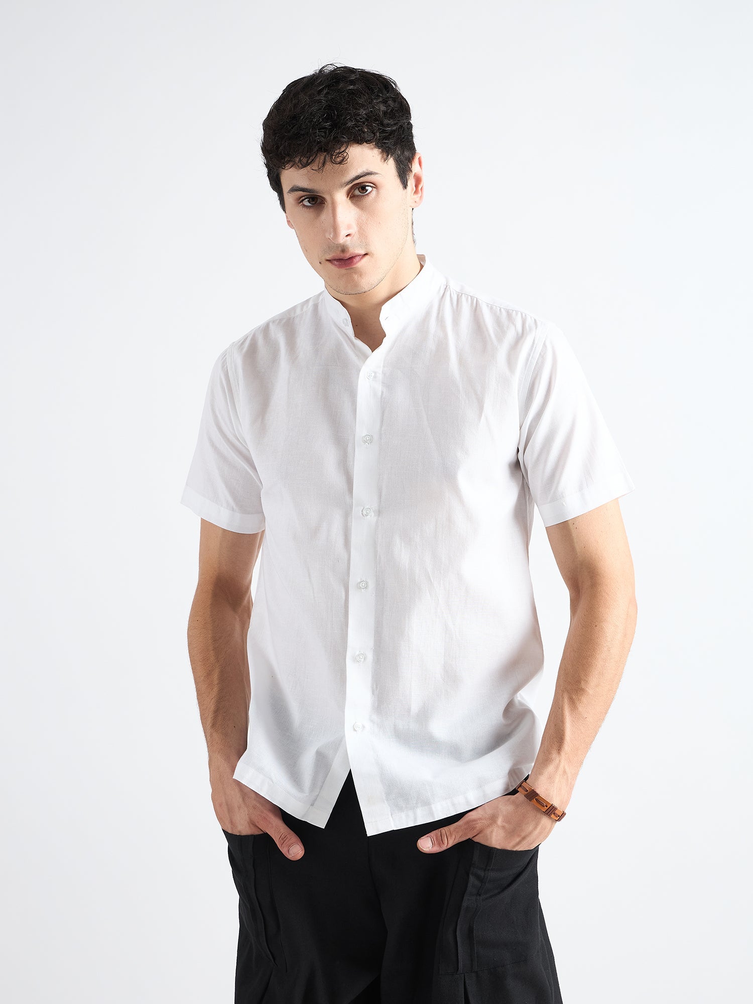 Pearl white  Mandarin Collar Linen Shirt