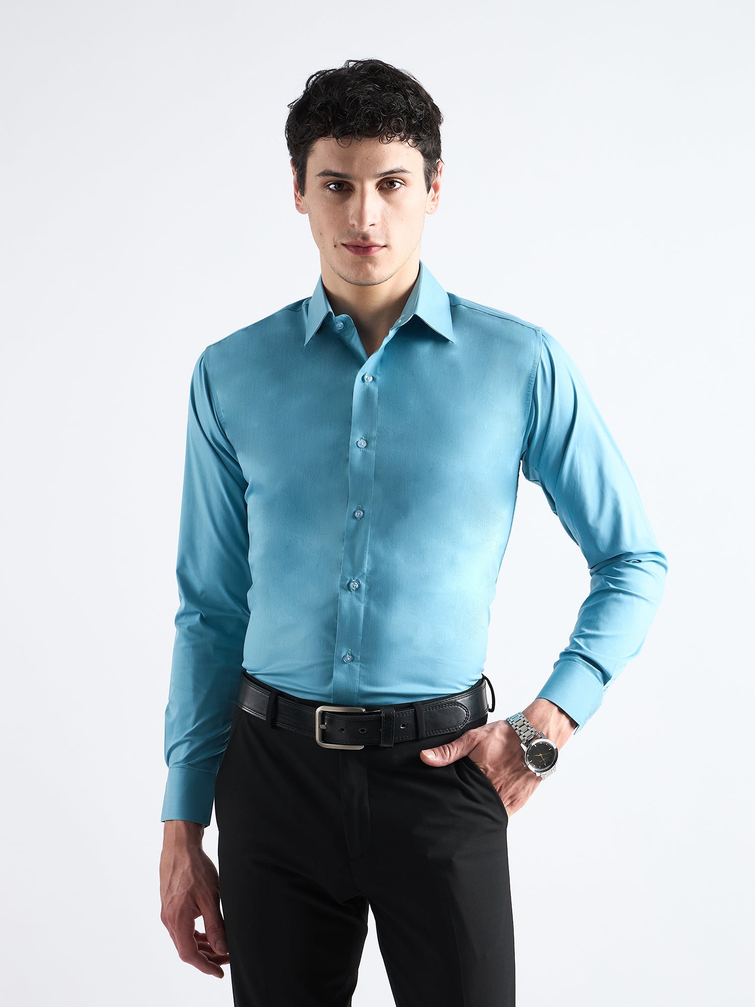 Fountain Blue Plain Stretch Cotton Shirt