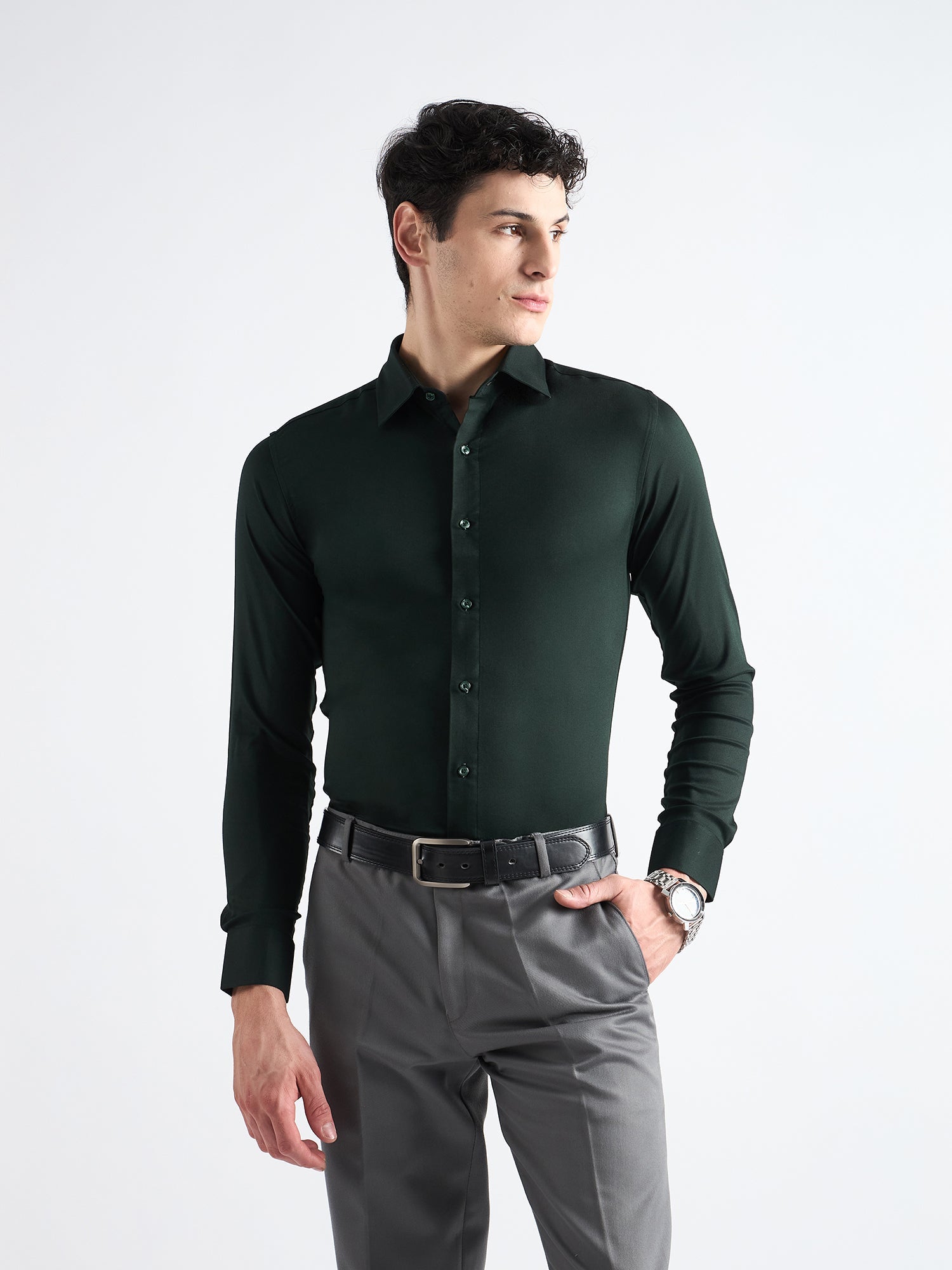 Racing Green  Twill Stretch Cotton Shirt