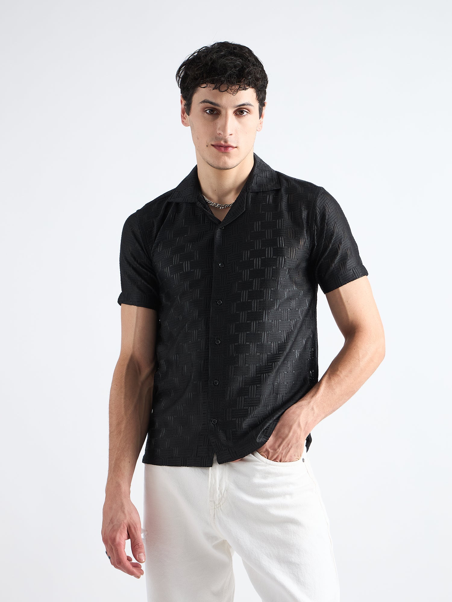 Charcoal Black Crochet Cuban Shirt