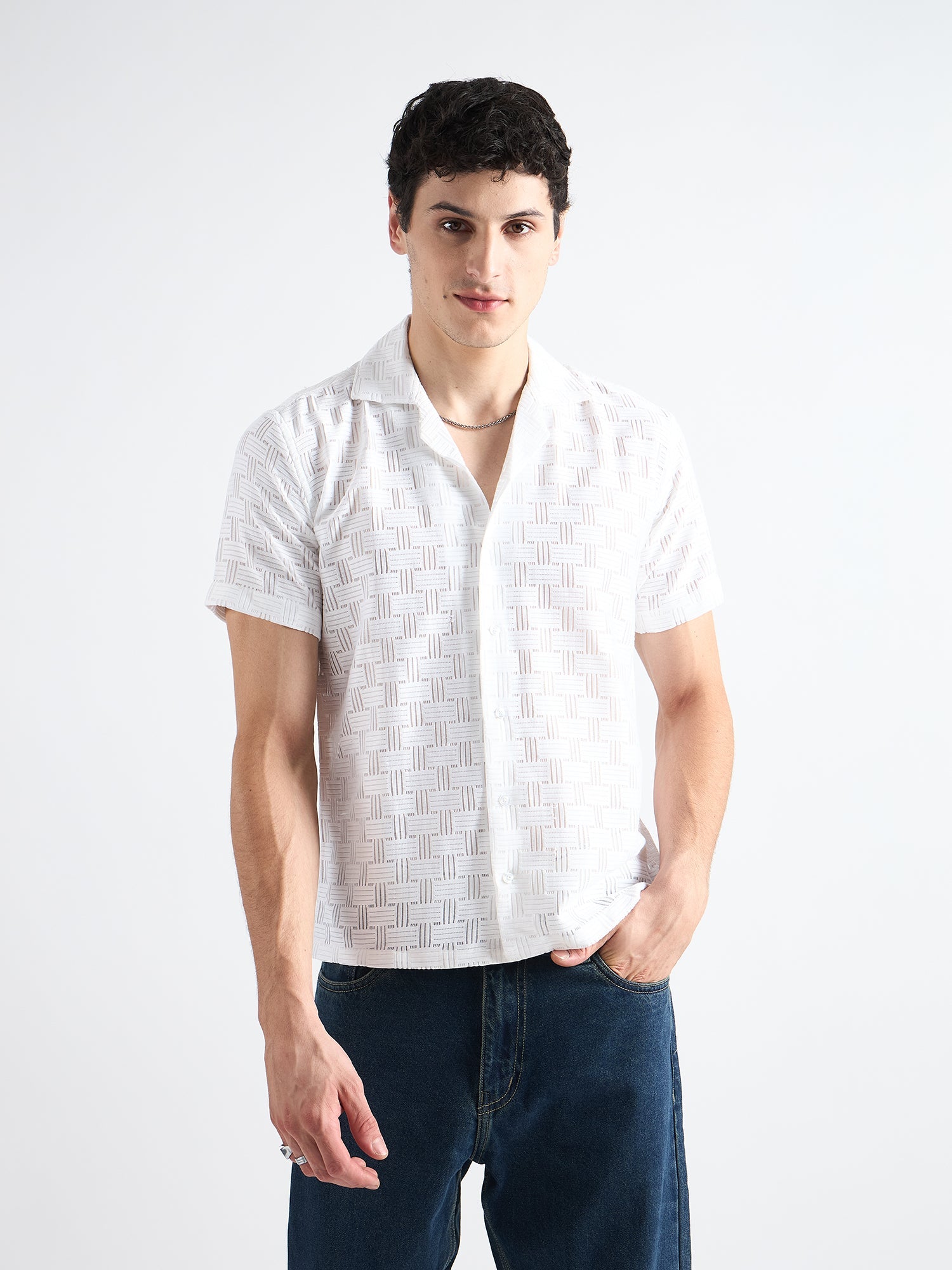 White Crochet Cuban Shirt