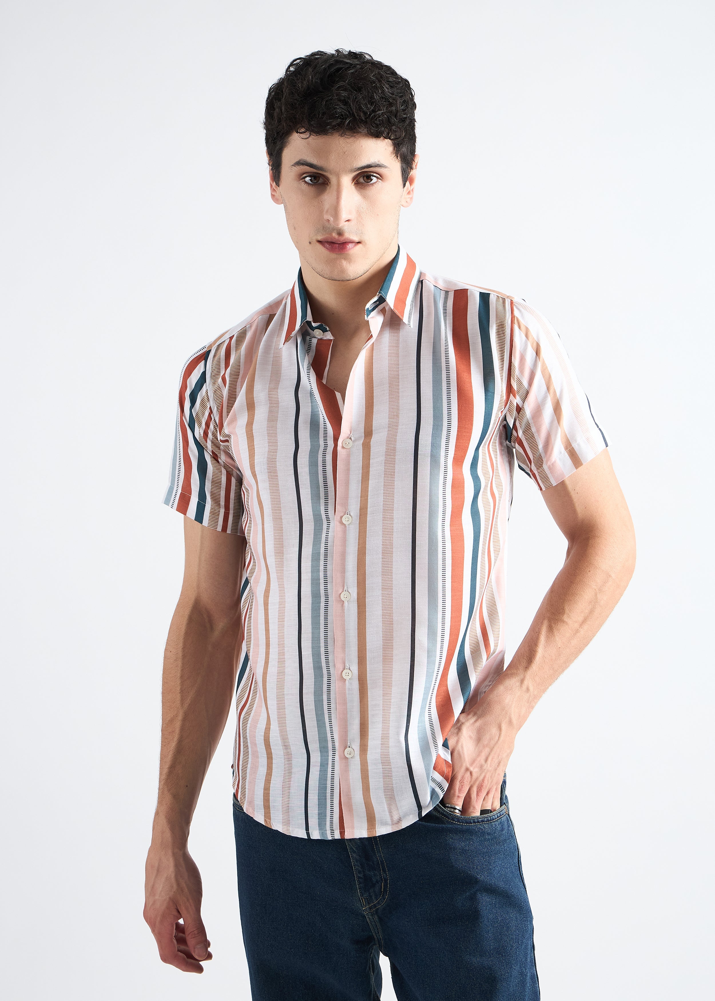 Multicolor Stripes Printed Linen Blend Shirt