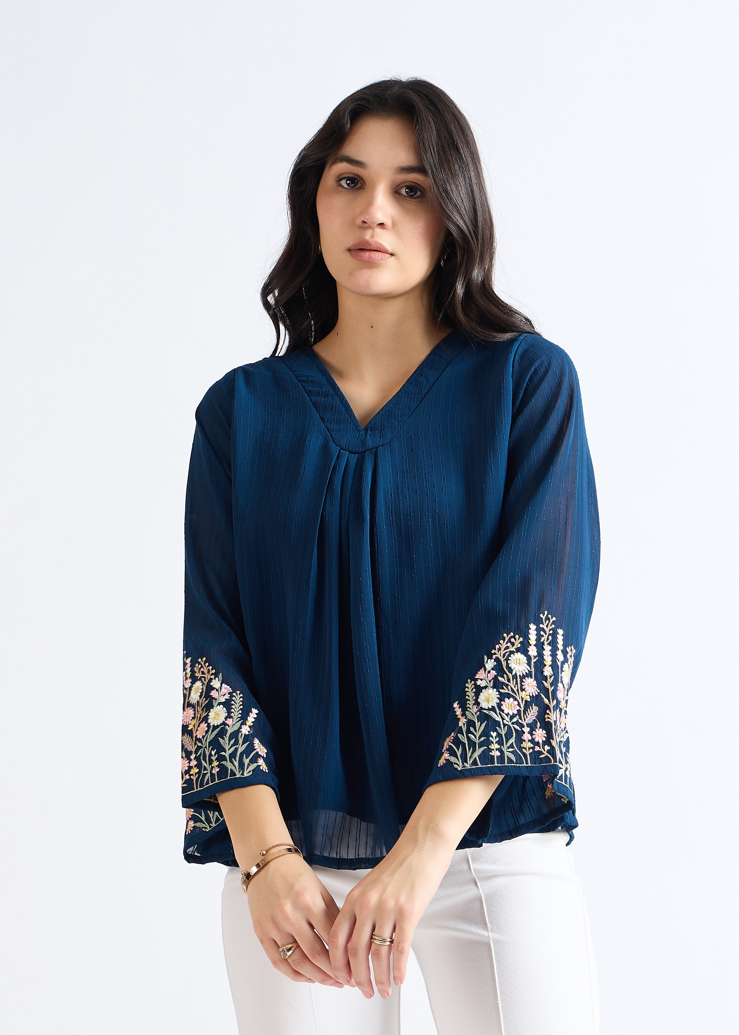 Dusty Blue Embroidered Georgette Blouse