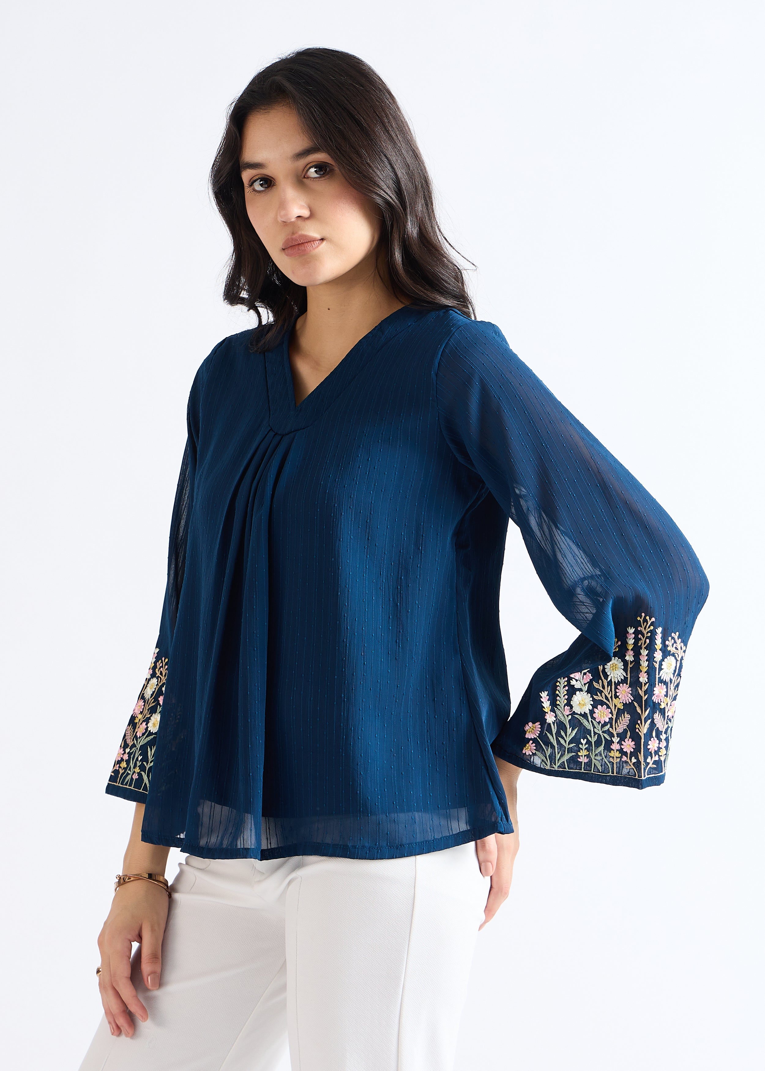 Dusty Blue Embroidered Georgette Blouse