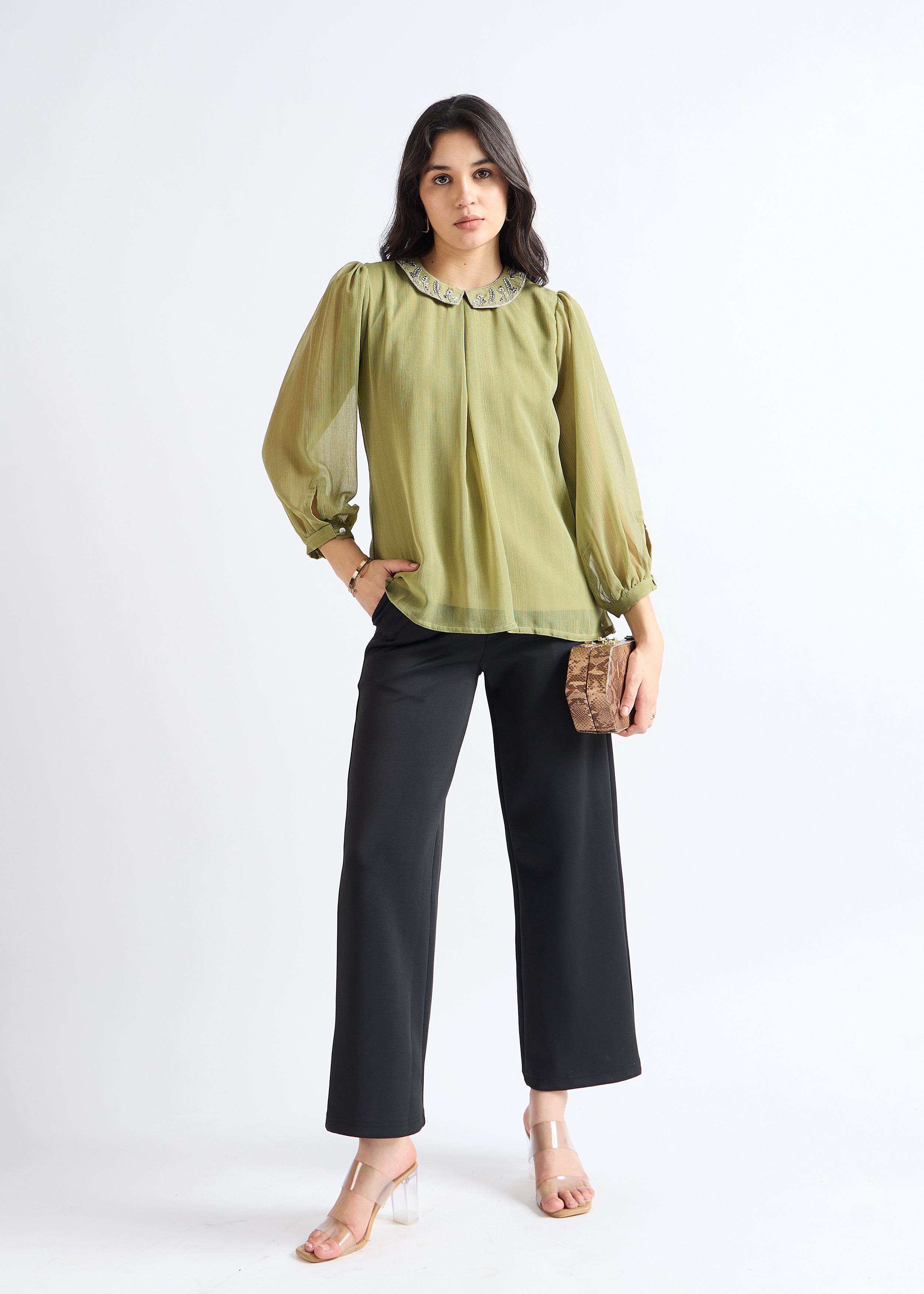 Iguana Green Embroidered Peter Pan Collar Blouse