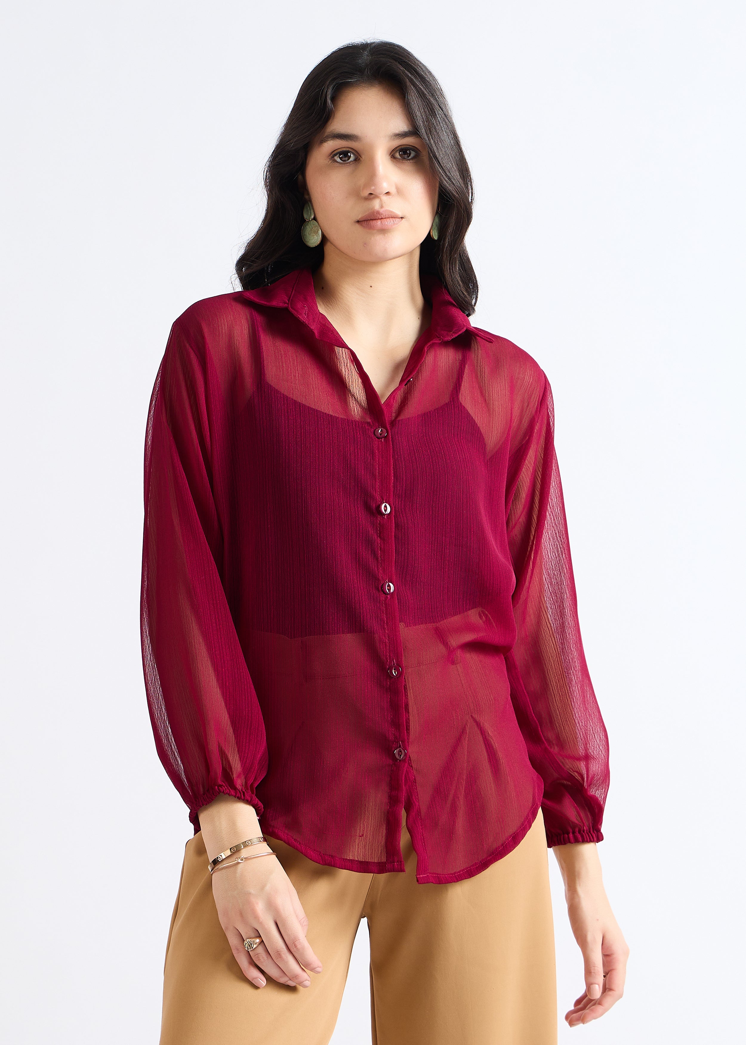 Vivid Burgundy Wine Sheer Georgette Blouse