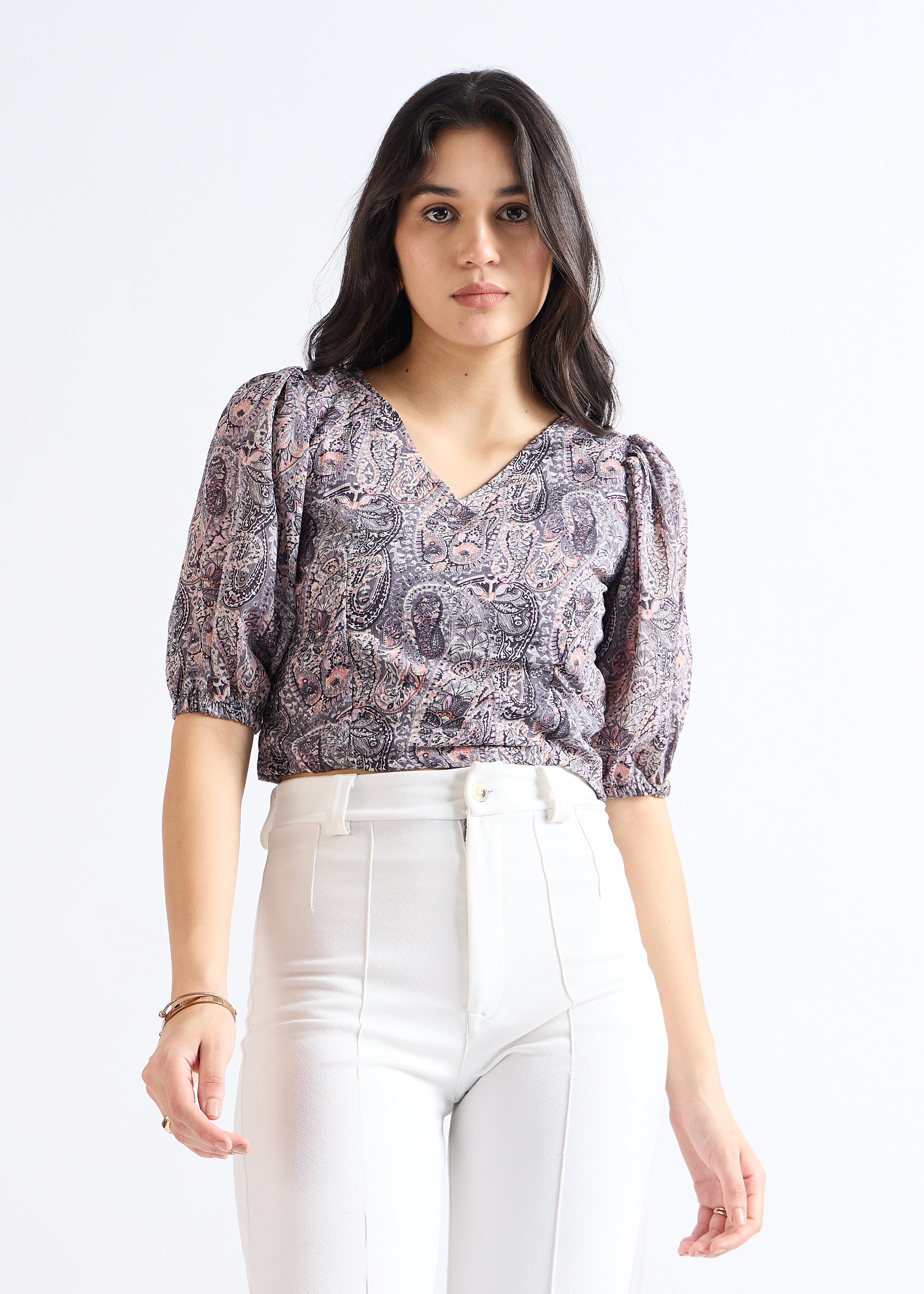 Lead Grey Ethnic Print Puff Sleeve Top