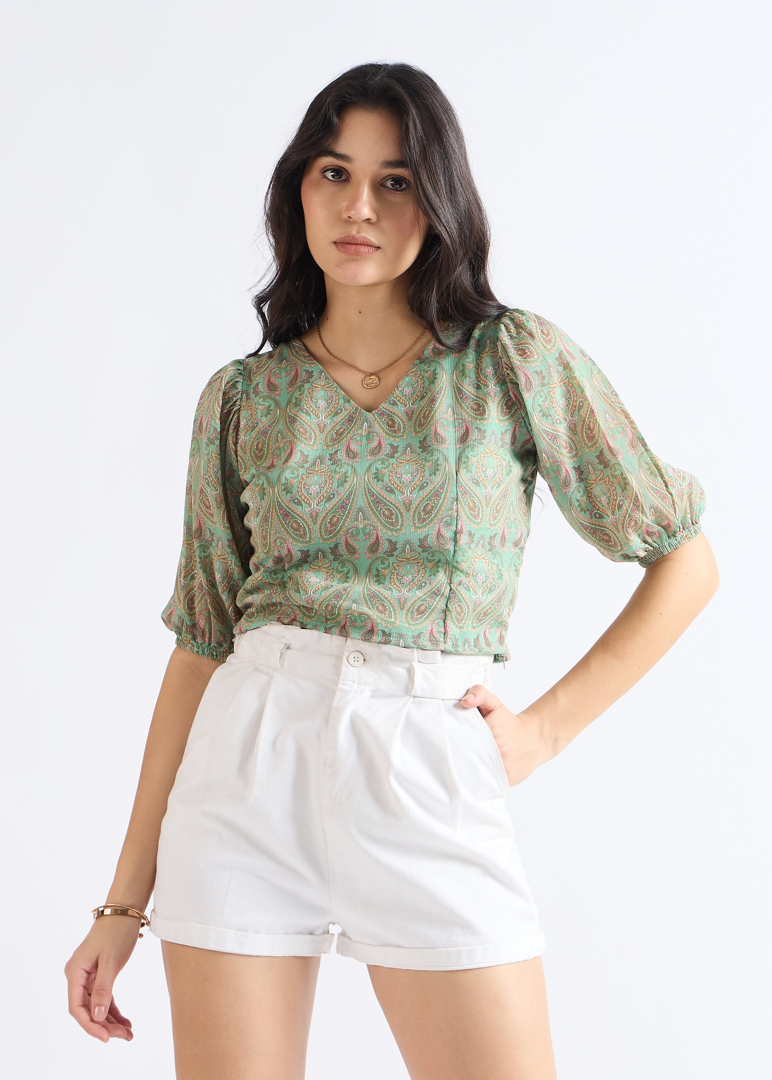 Pale Green Ethnic Puff Sleeve Top