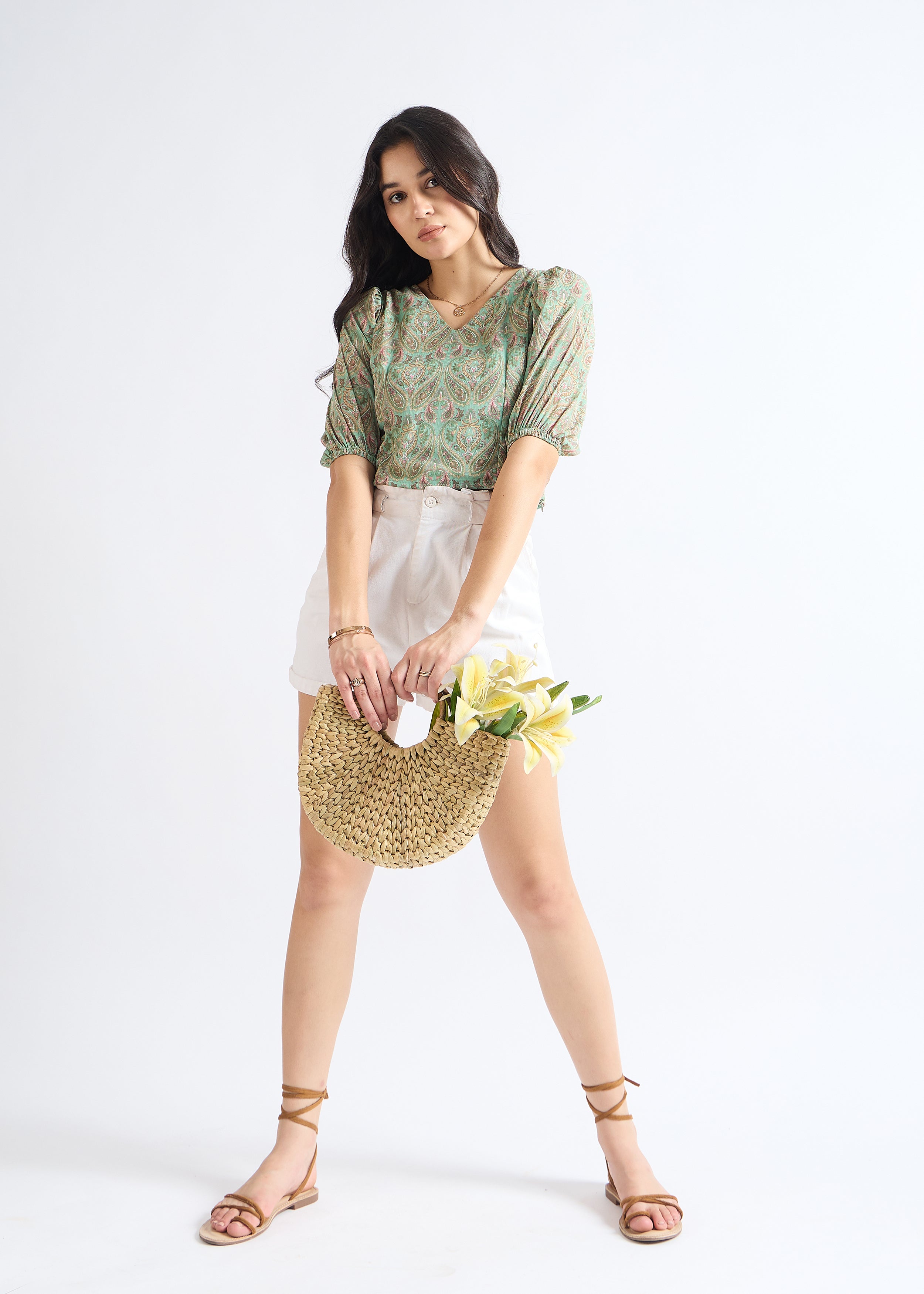 Pale Green Ethnic Puff Sleeve Top