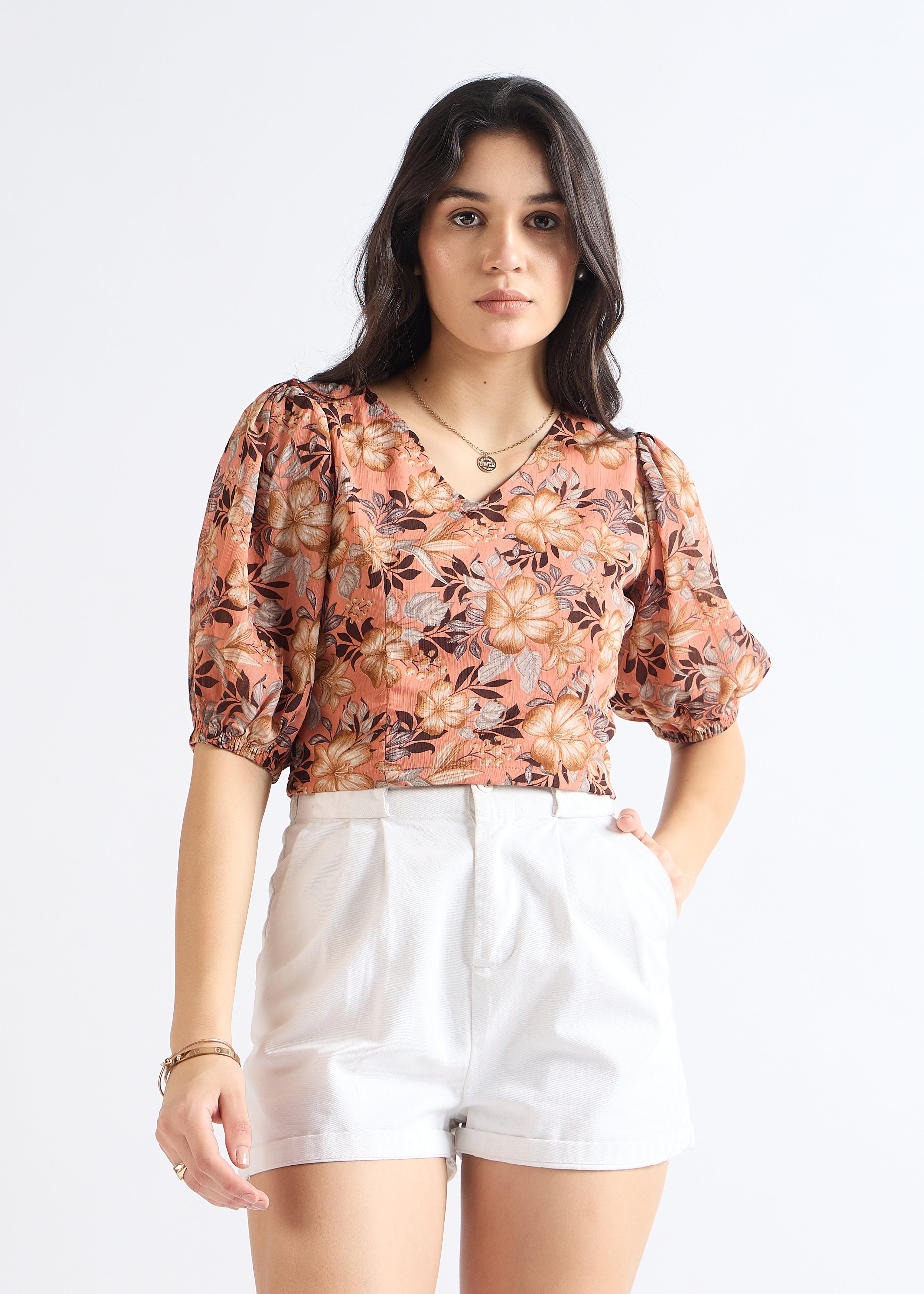 Rust Floral Puff Sleeve Top