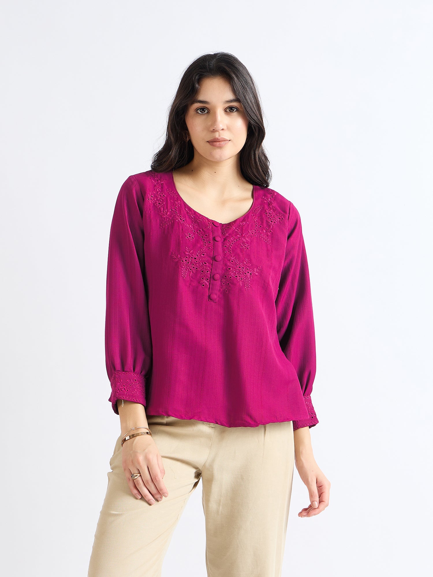 Hot Pink Floral Embroidered Blouse