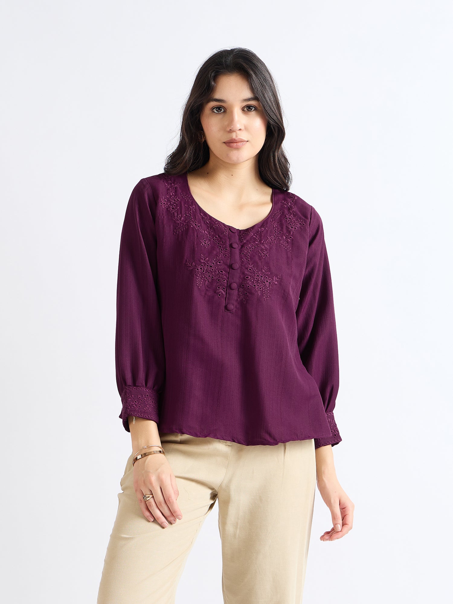 Dark Raspberry Floral Embroidered Blouse