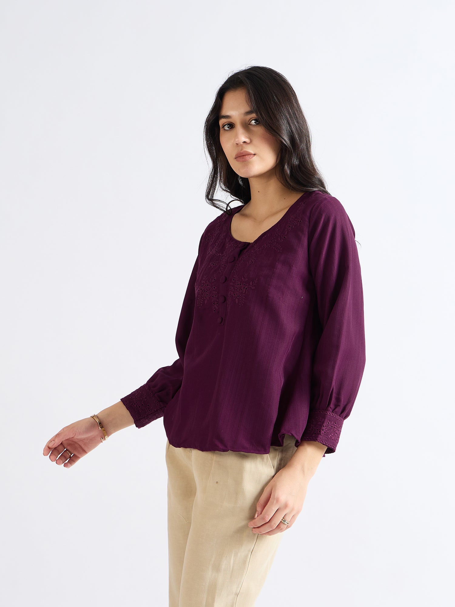 Dark Raspberry Floral Embroidered Blouse