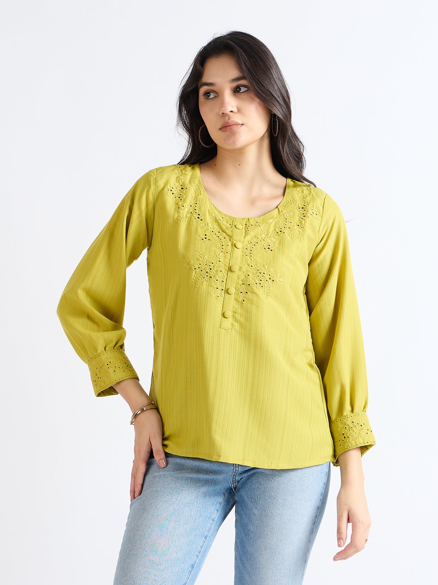 Lime Floral Embroidered Blouse