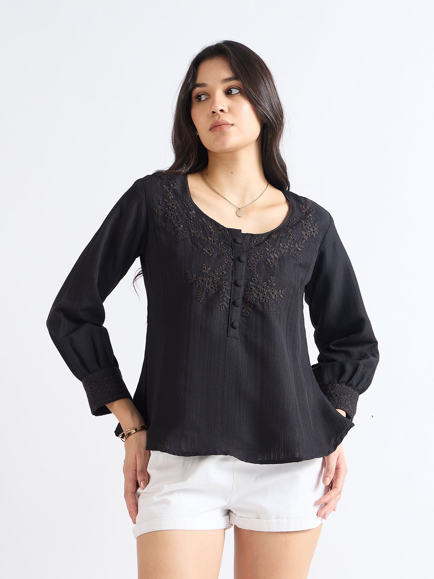 Black Floral Embroidered Blouse