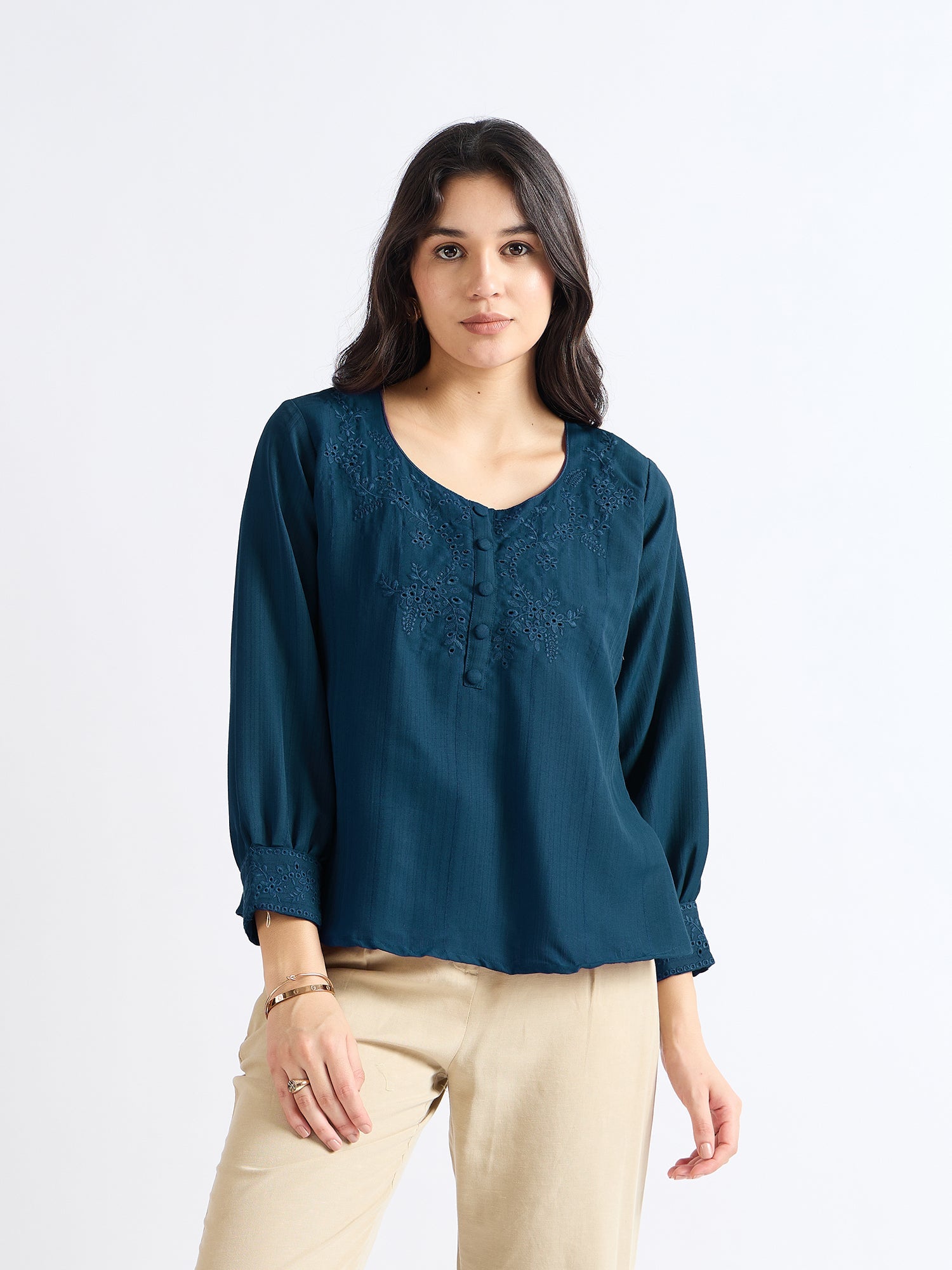 Chathams Blue Floral Embroidered Blouse: Elegant and Romantic