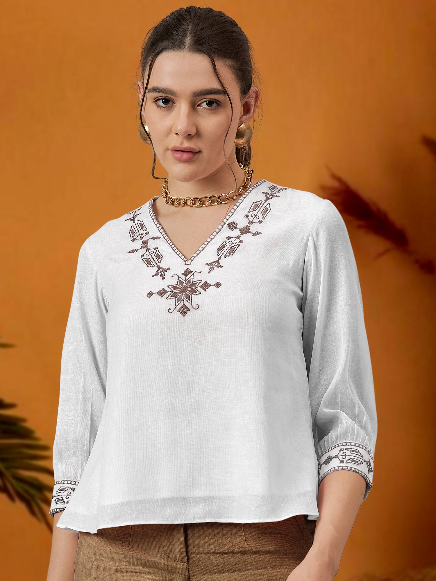 White Linen Embroidered Top