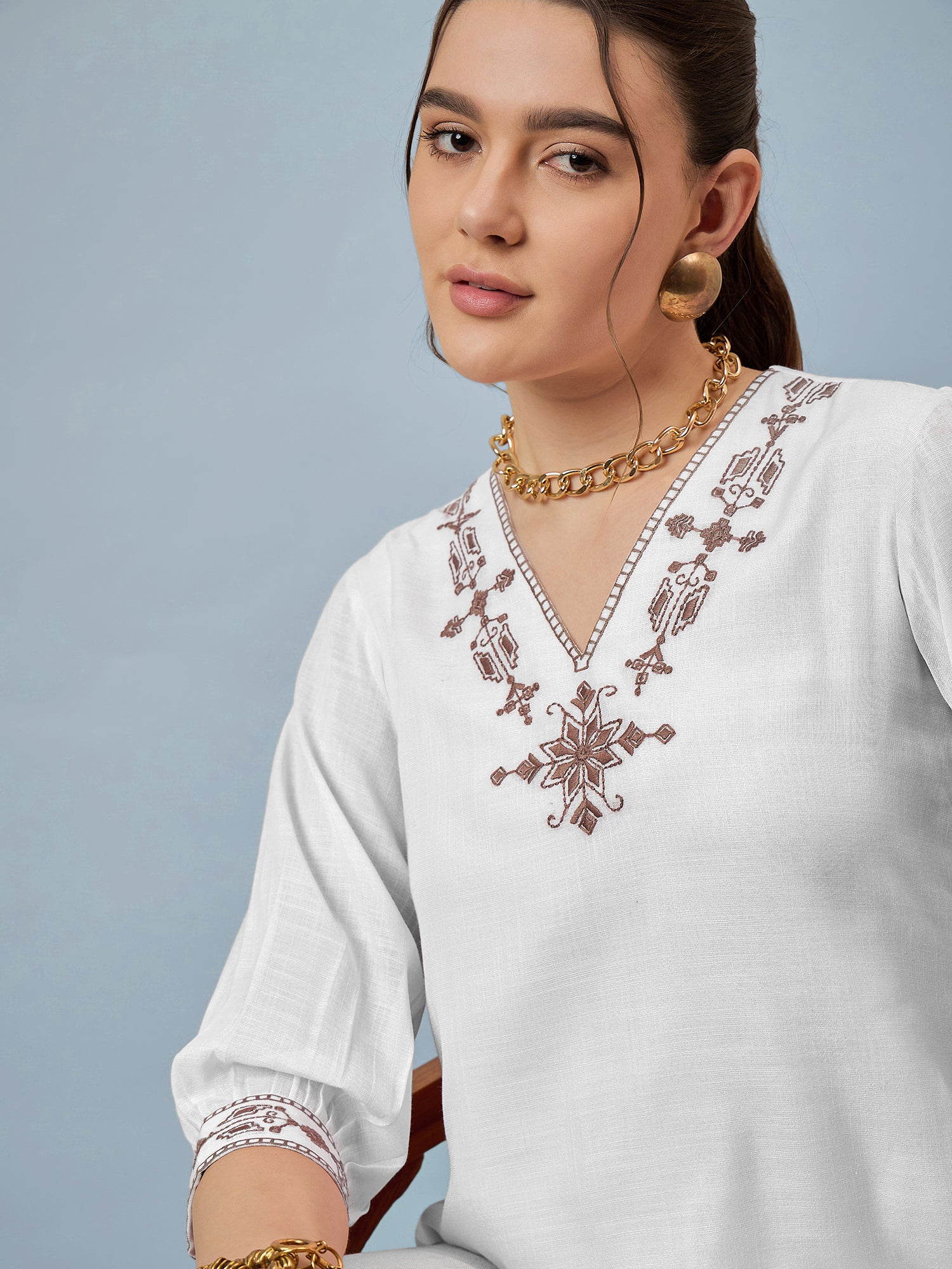 White Linen Embroidered Top