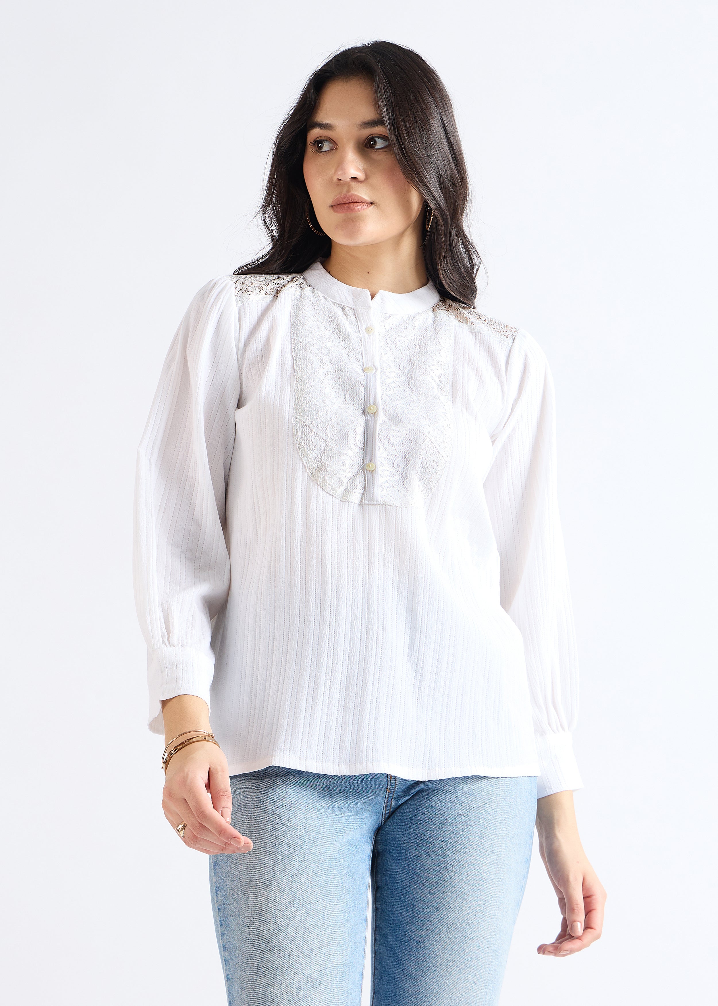 Stellar White Mandarin Lace-Up Blouse