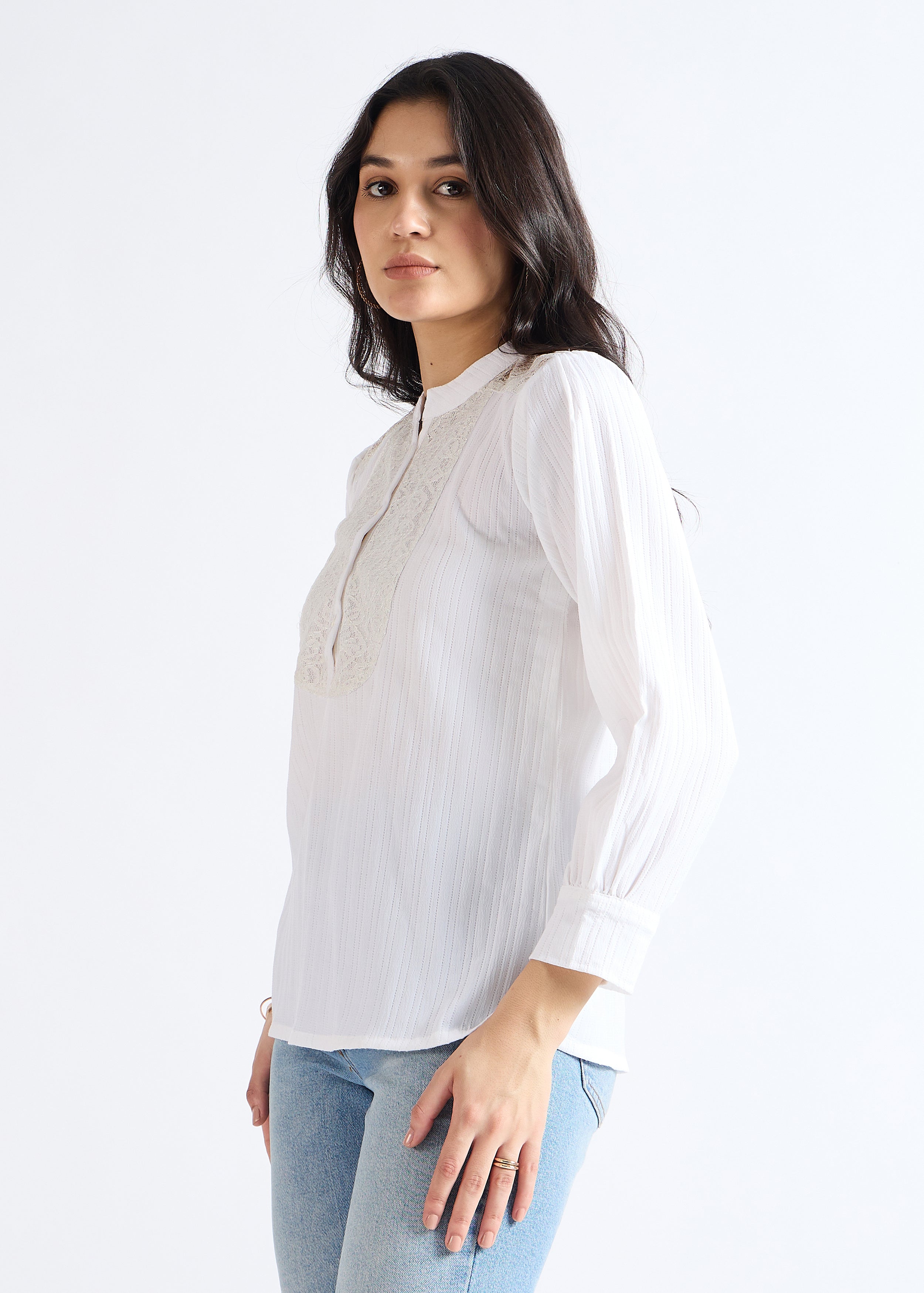 Stellar White Mandarin Lace-Up Blouse