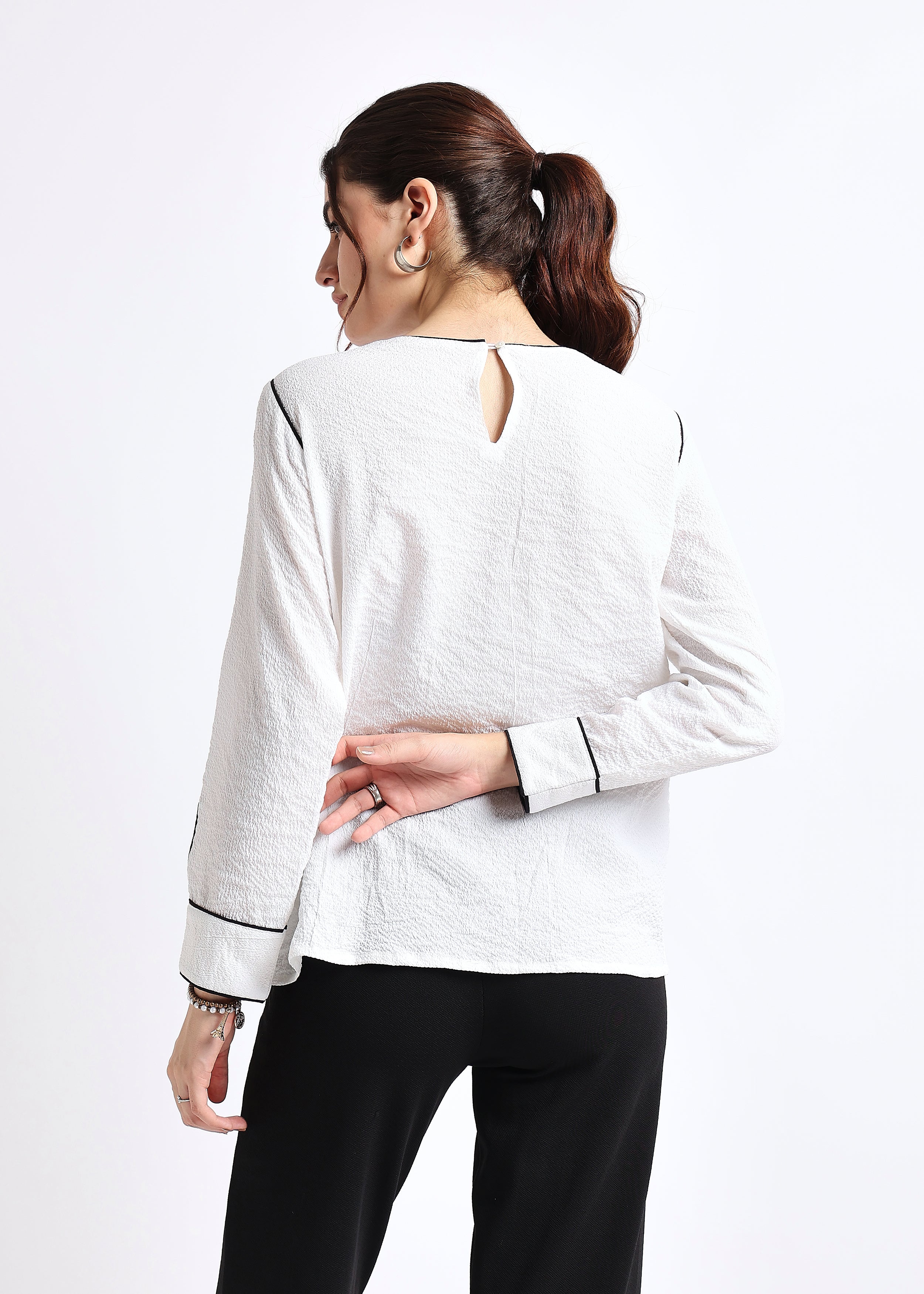 White Self Design Round neck Contrast Piping Top