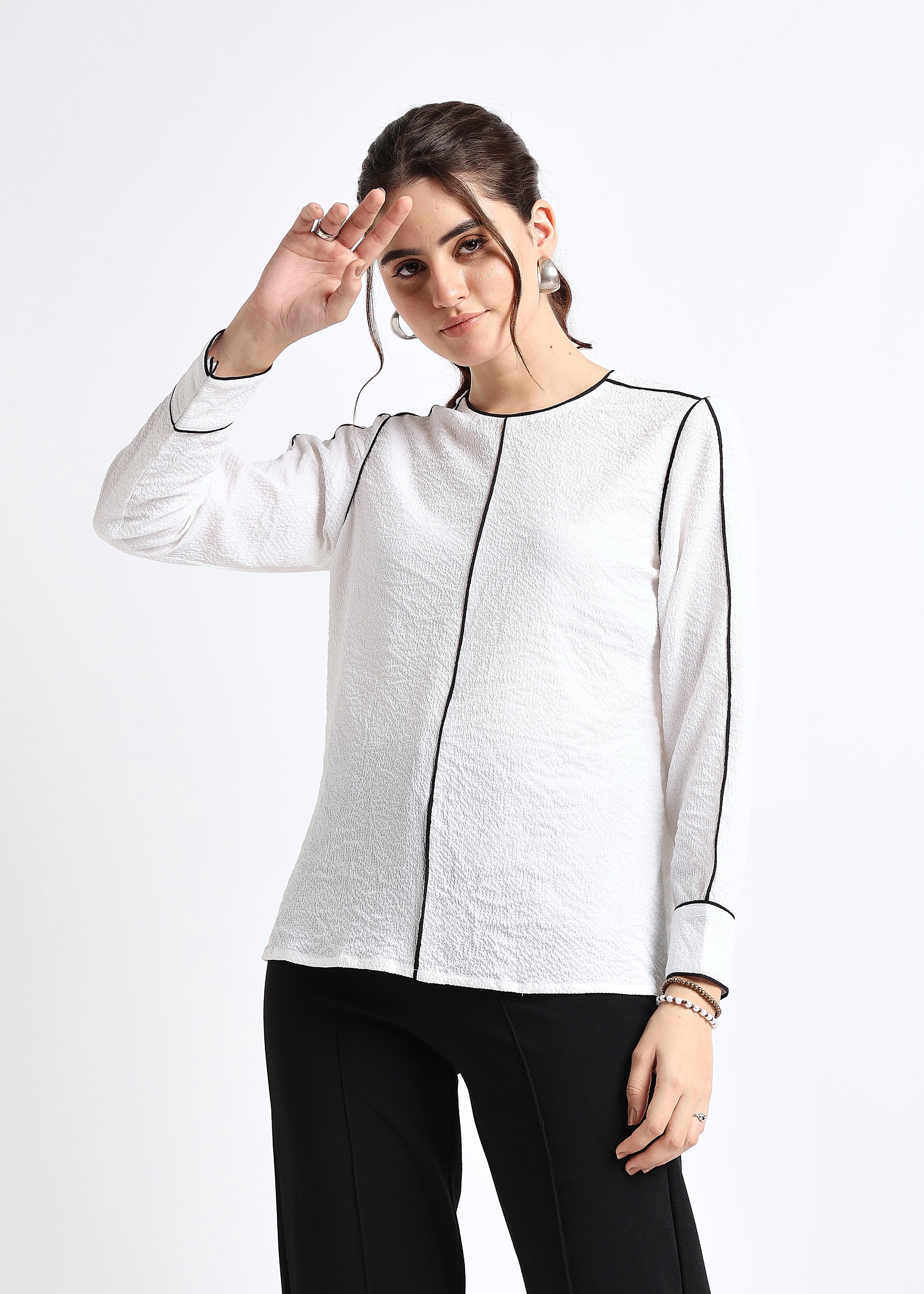 White Self Design Round neck Contrast Piping Top