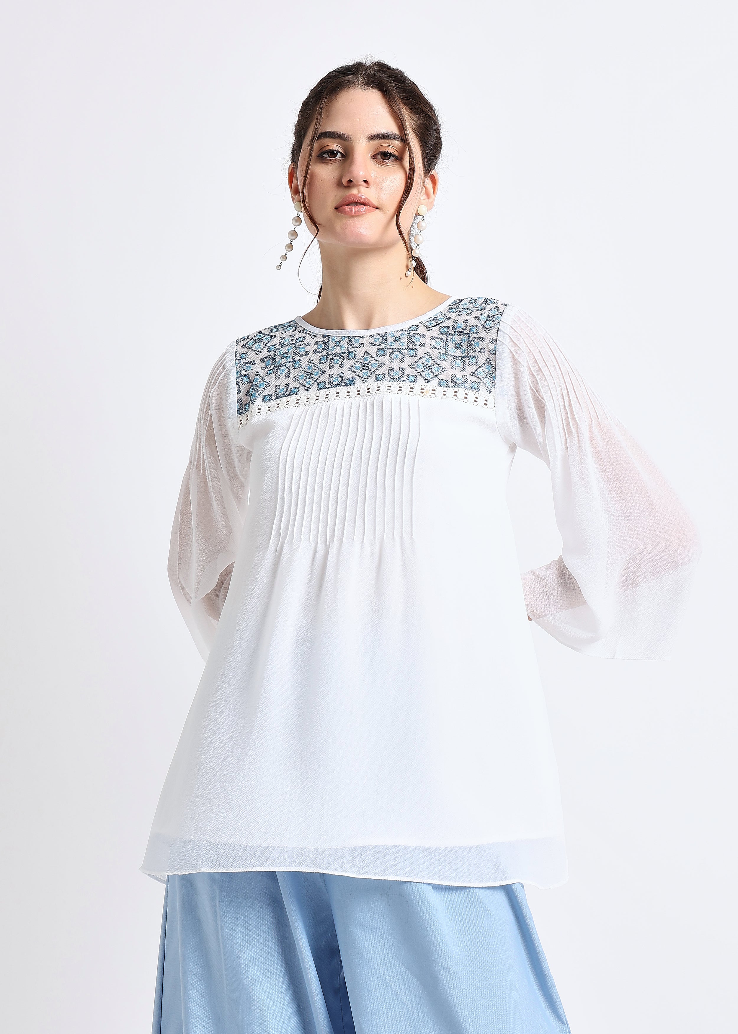 White Embroidered Lace Up Top