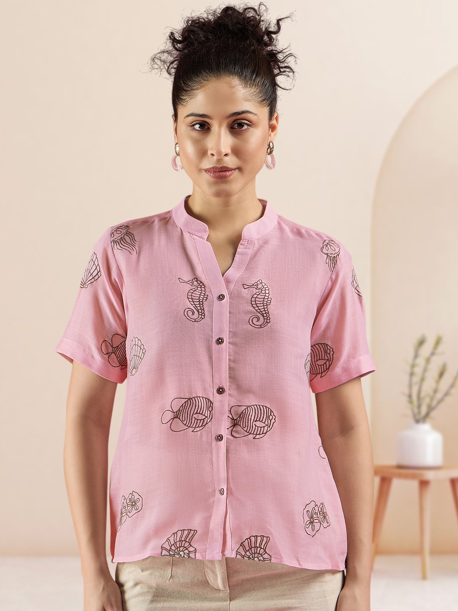 Pink Linen Tropical Embroidered Shirt