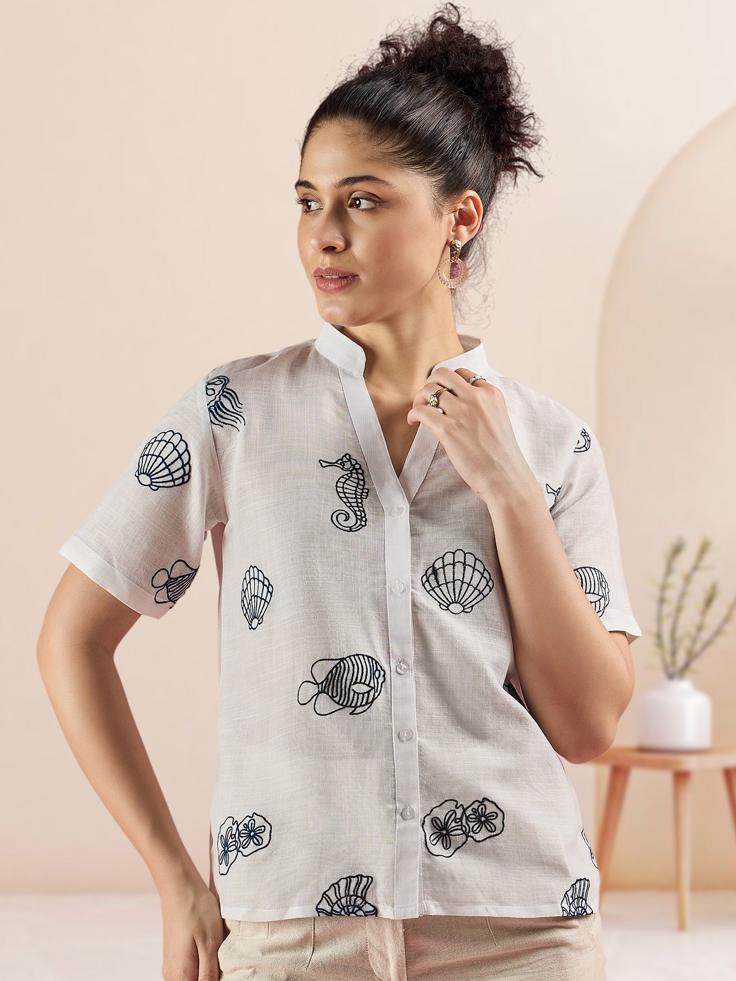 White Linen Tropical Embroidered Shirt